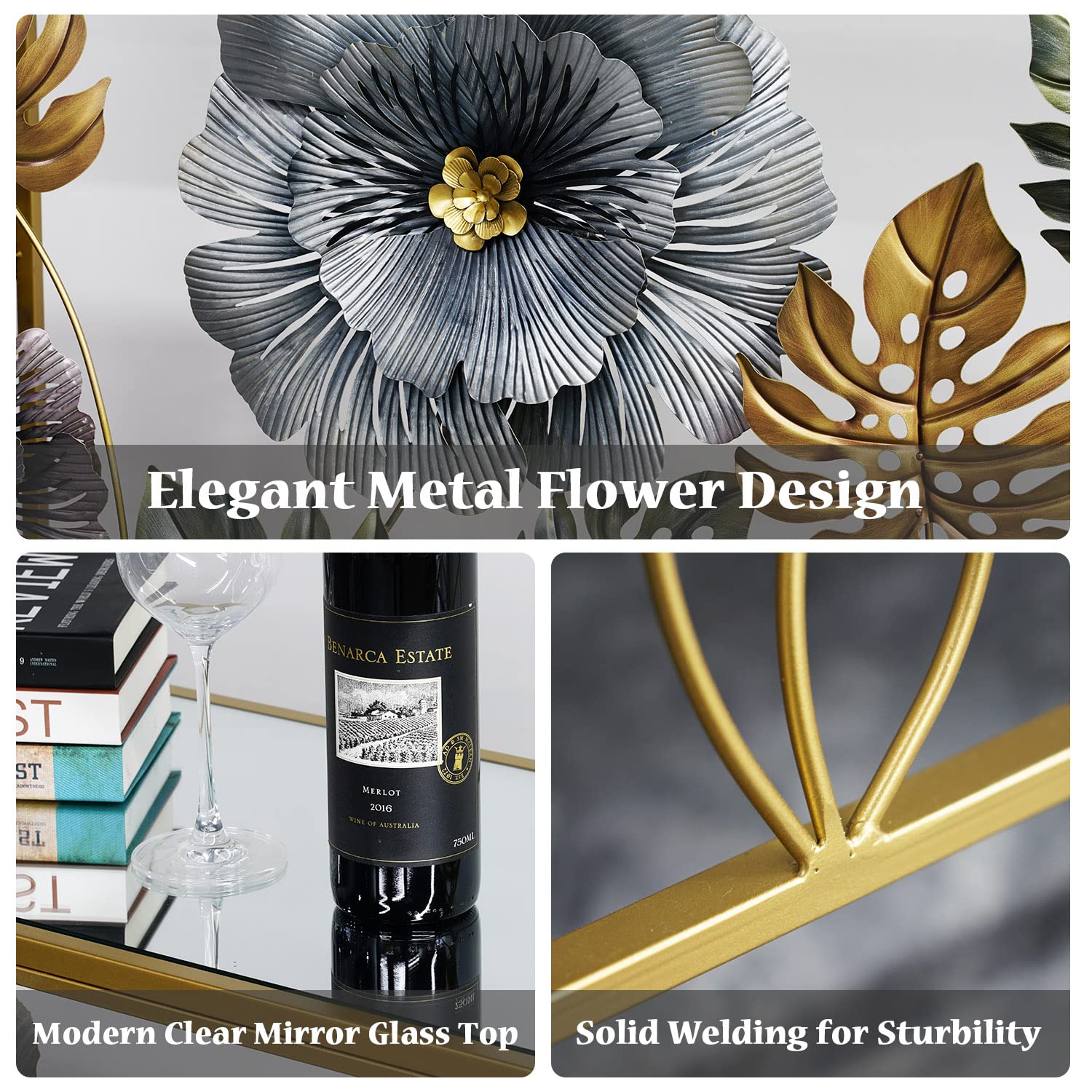 Console Table, Vintage Art Sofa Table with Metal Flower Decor, Slim