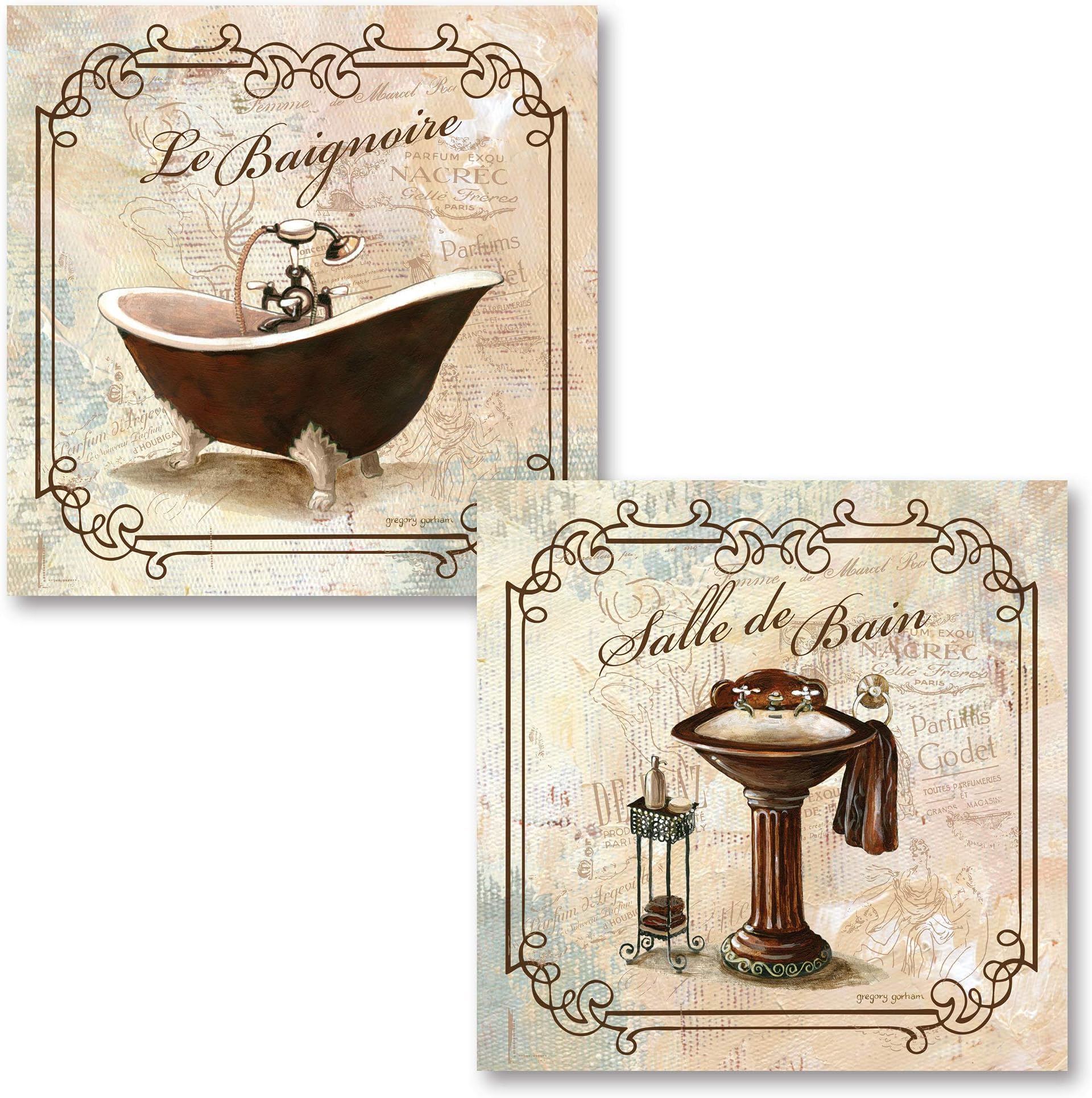 Classic French Clawfoot Bathtub and Pedestal Sink Salle De Bain and Le Baignoire by Gregory Gorham- 2-12x12" Unframed Paper Posters