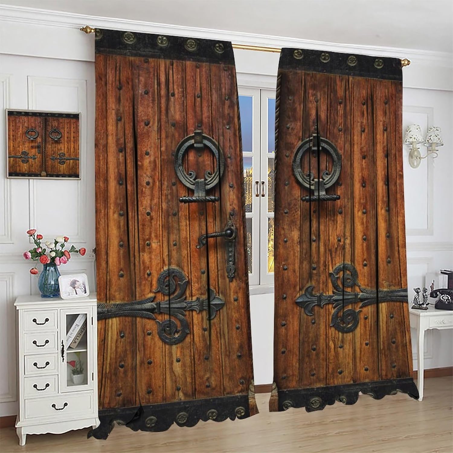Wooden Doors Curtains Wooden Barn Doors Rustic Farmhouse Country Retro MetalWindow Drapes Rod Pocket Curtains Darkening Thermal Insulated for Living Room 72x63in