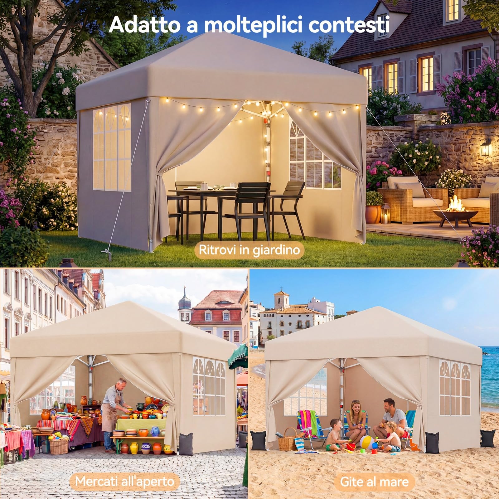 Devoko Gazebo 3x3 Pieghevole Impermeabile UPF50+ 3 Altezze Regolabili, 4 Pareti Rimuovibili, da Giardino per 8-10 Persone, Beige