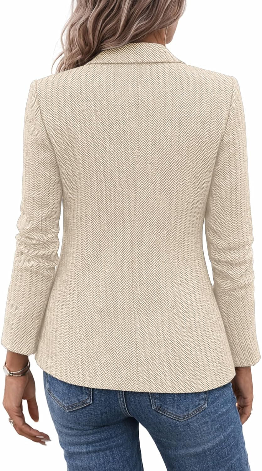 Mina Self Women's 2026 Spring Herringbone Tweed Blazer Jacket - Notched Lapel Fully Lined Work Office Coat with Pockets
