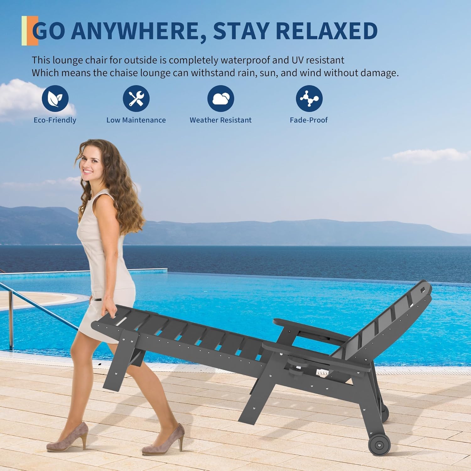 Chaise Lounge Outdoor, Lounge Chair Outdoor with Rolling Wheels, Adjustable 5-Position Backrest, HDPE Lounge Chair with Cup Holder for Patio, Lawn, Garden, Poolside, Grey