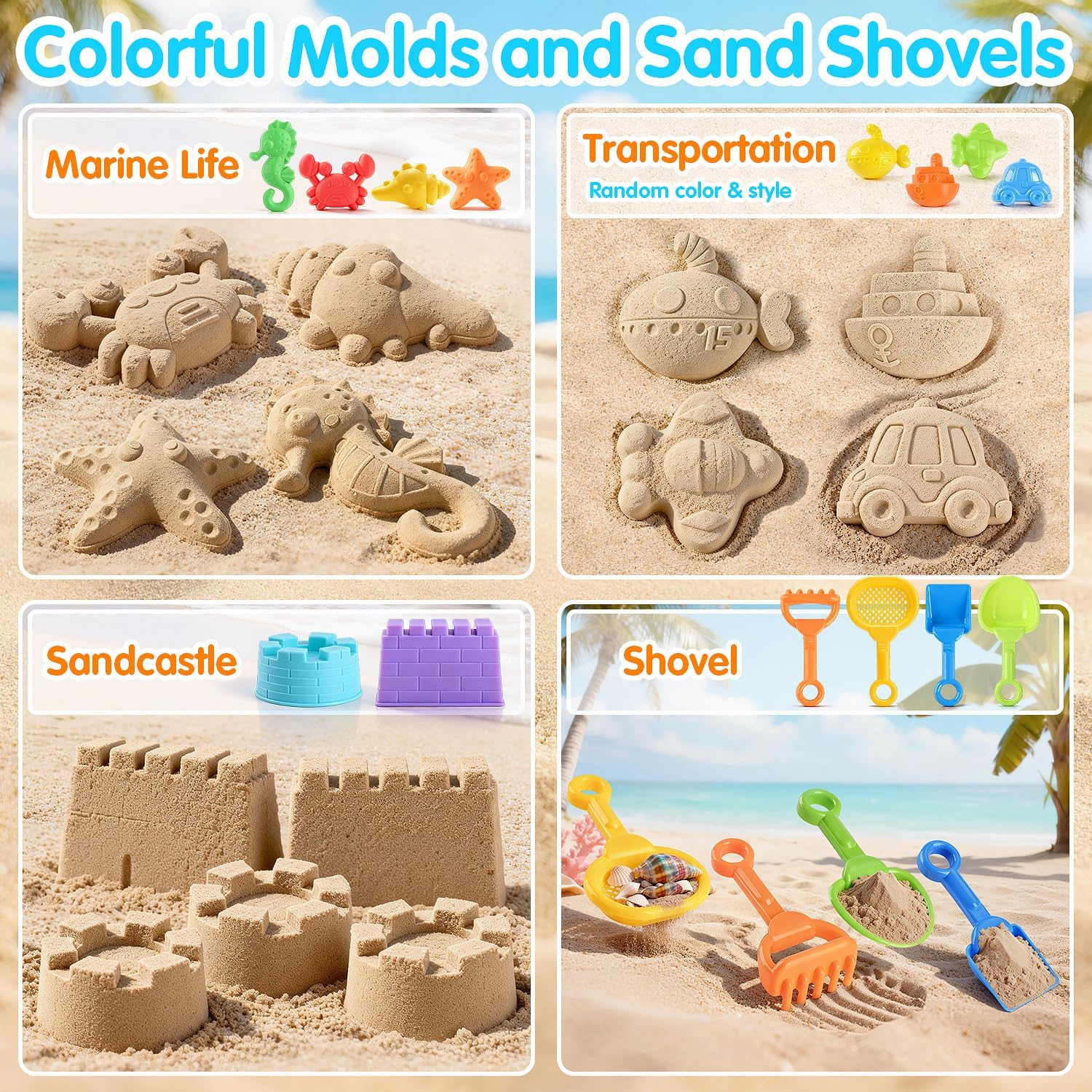 Beach Toys for Kids, Sand Toys Set with Collapsible Sand Bucket, 20” Shovel, Marine Life & Vehicles Molds Sand Castle Toys and Storage Bags, Travel Beach Toys for Toddler 3-10