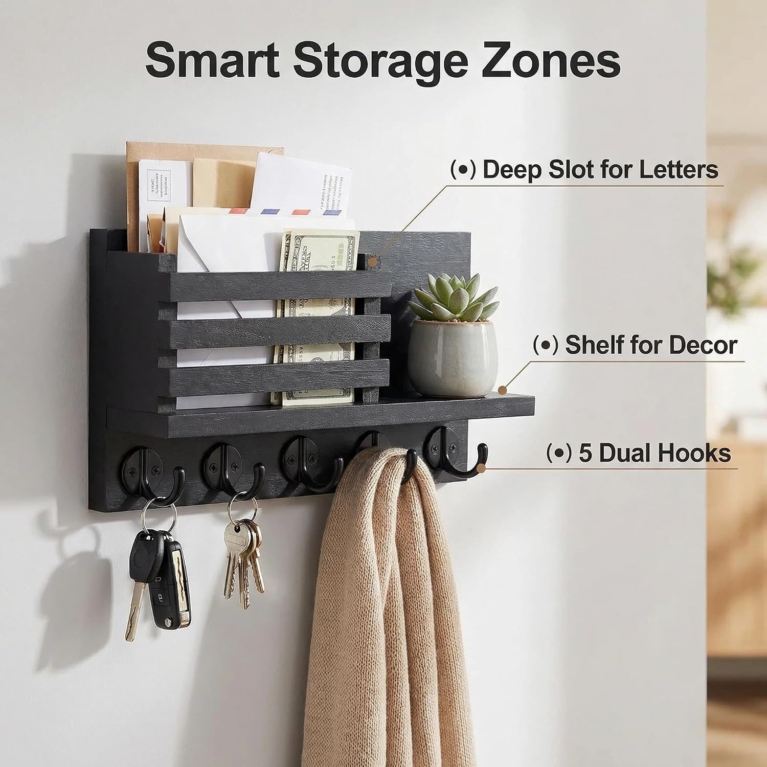 Wall Key Hook, Mail Organizer with 5 Metal Key Hooks, Decorative Key Rack Wall Mount, Tung Wood, 11.8 x 6.7 inches, Includes mounting Hardware (Black)
