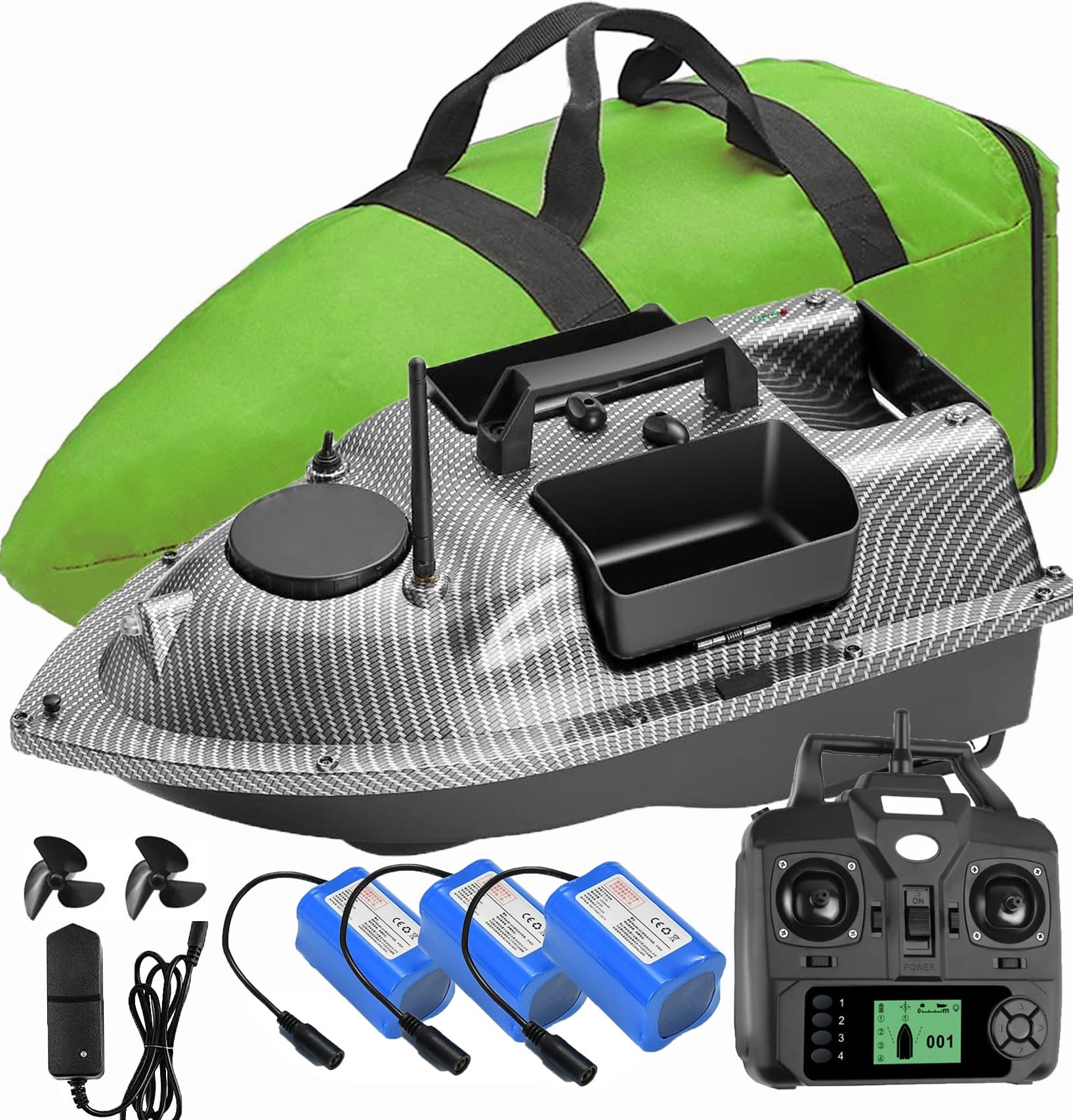 Barco de cebo de pesca GPS de 12000 mAh 500 m, 3 bahías de catapulta, 16 puntos de memoria, incluye bolso y pequeños regalos, función de devolución de una tecla