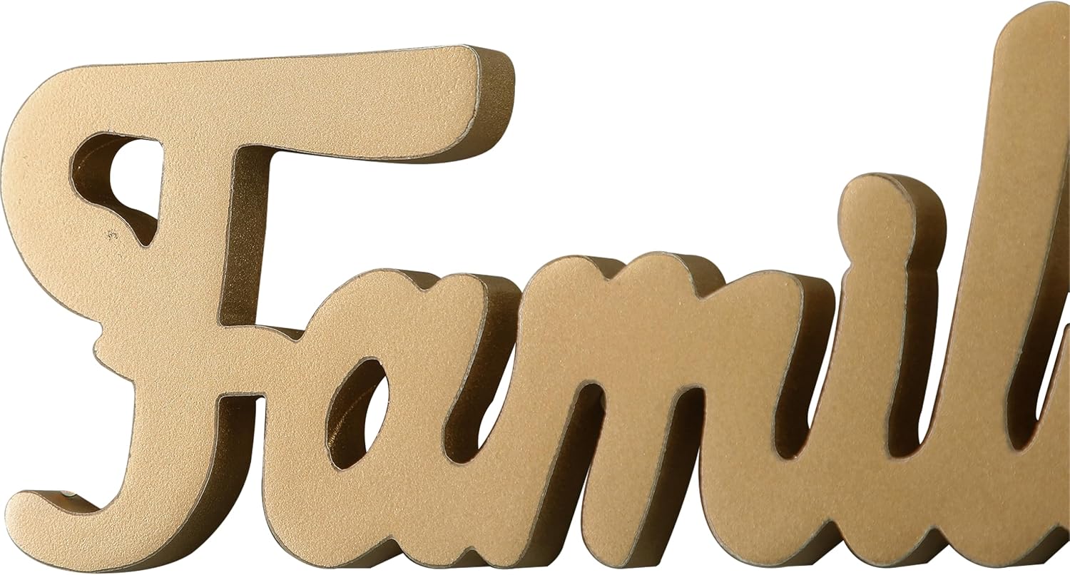 Vintage Gold Wooden Family Sign for Shelf 15 Inches, Hanging Handmade Distressed Finish Rustic Family Signs for Home Decor Wall, Farmhouse Home Decor for Thanksgiving Christmas Living Room