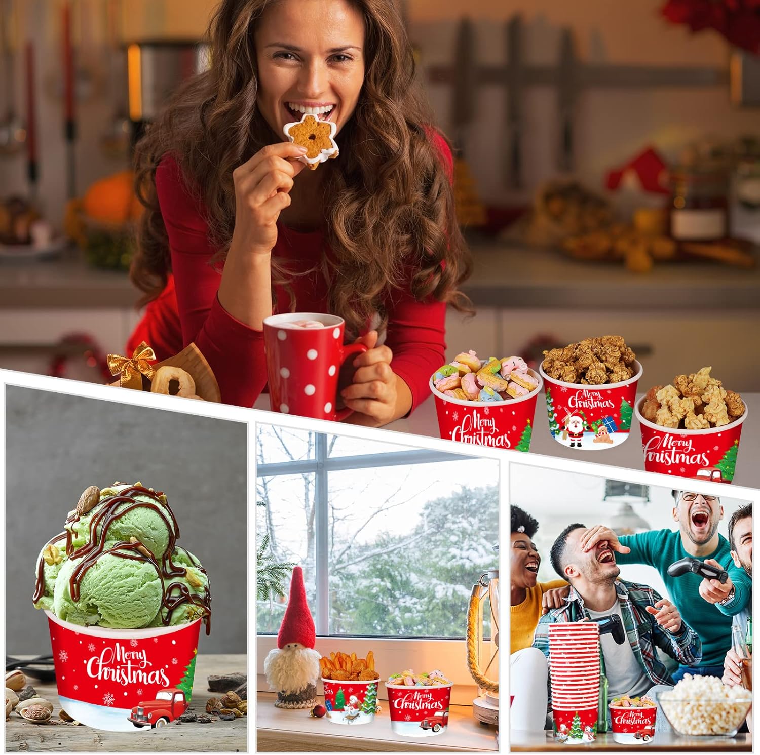 gisgfim 50Pcs Christmas Snack Bowls, Holiday Xmas Themed Disposable 9 oz Paper Treat Cups Dessert Bowls Soup Cups for Hot or Cold Food Party Supplies : Health & Household