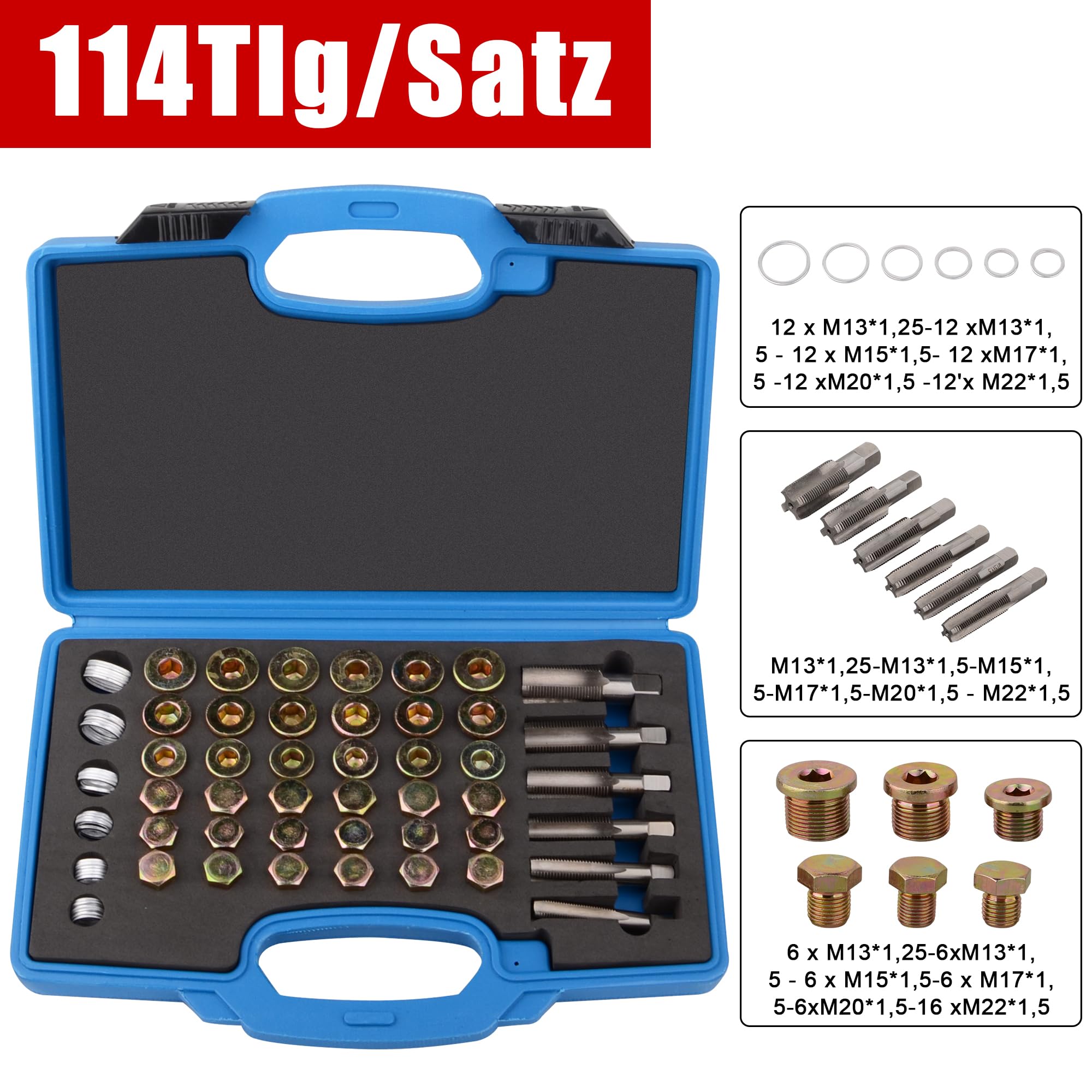 DAYUAN 114 pezzi coppa olio riparazione vite pallido olio kit di riparazione M13 x 1,25 | M13 M15 M17 M20 M22 x 1,5