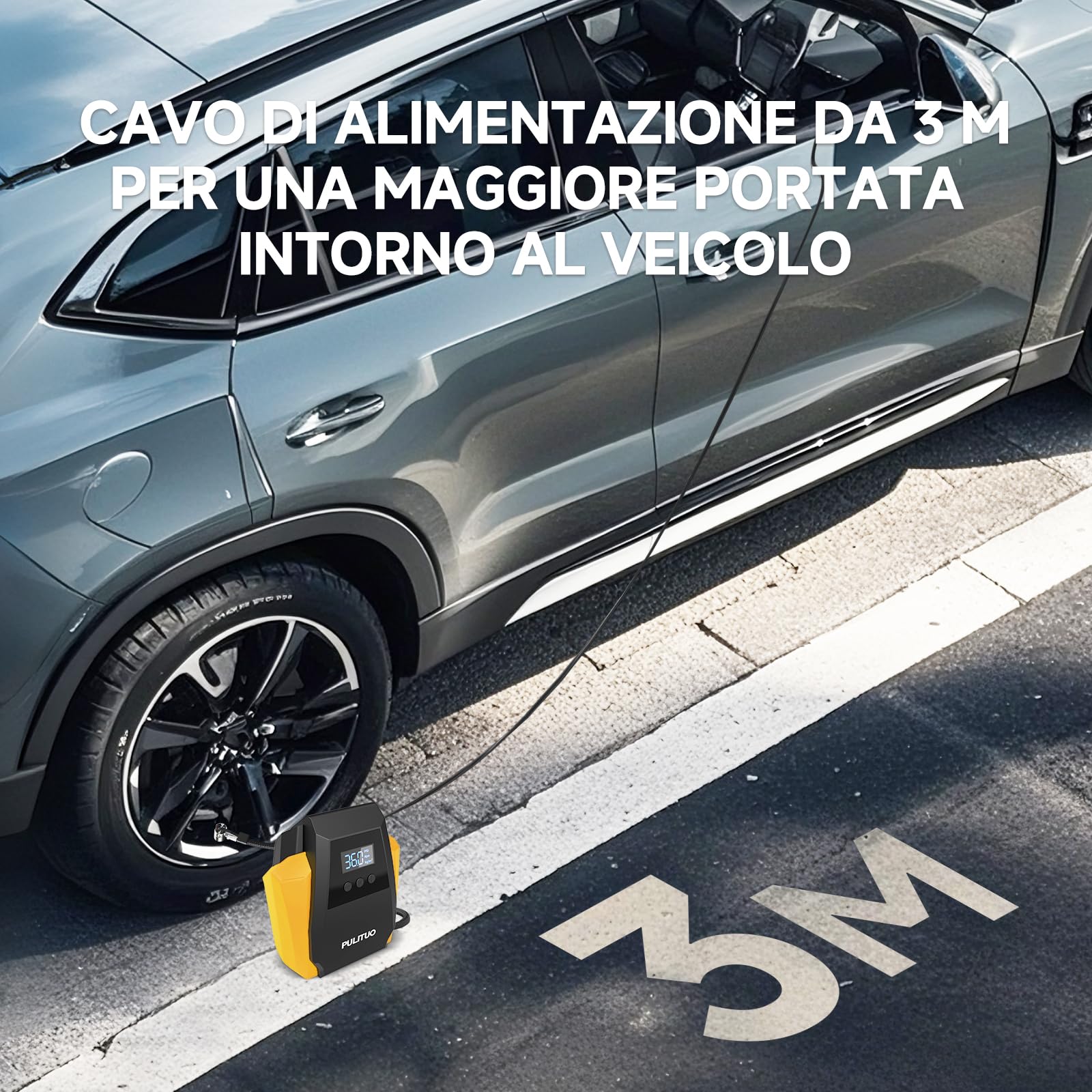PULITUO Gonfiatore Pneumatici 12V DC - Compressore d'Aria Portatile 35L/min, 150 PSI / 10,3 Bar Pompa Auto con Arresto Automatico, Manometro Digitale e LED, Giallo