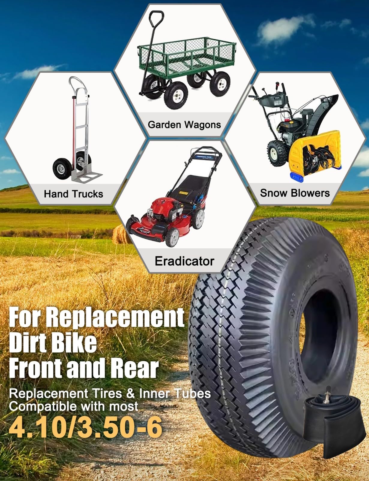 Pneumatico e camera d'aria 4.10/3.50-6 4.10-6 per carriole, carrelli a mano, tosaerba, carriole, spazzaneve, go kart, rimorchi da giardino, carrelli, generatori, ATV