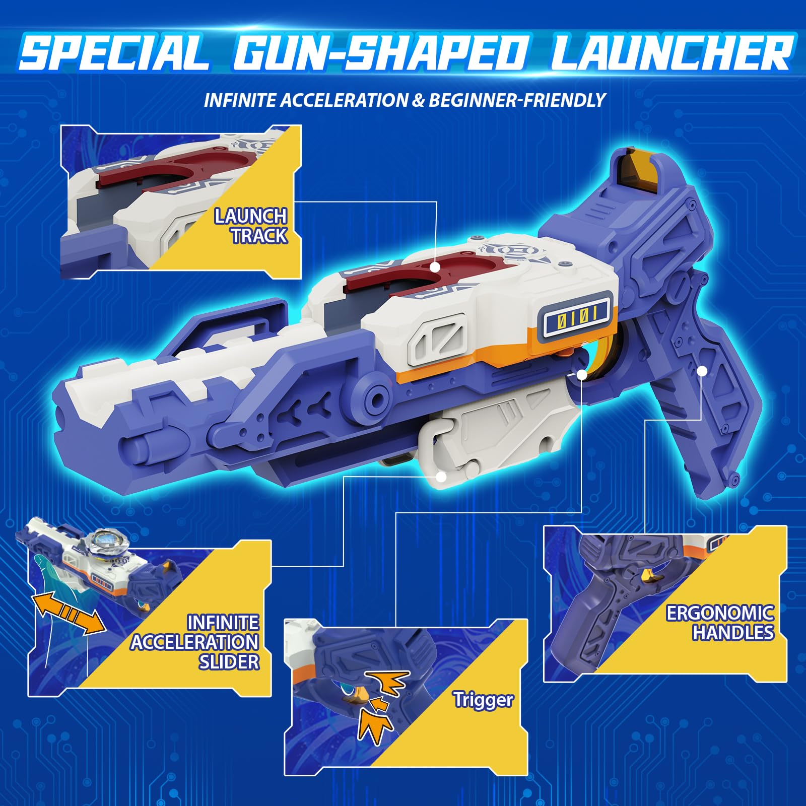 INFINITY NADO S7 Trottola con arena modulare, lanciatore pistola/arco ad accelerazione infinita, trottola in metallo Tipo difesa/resistenza Rotazione destra/sinistra,Giocattolo per bambini bambine 5+