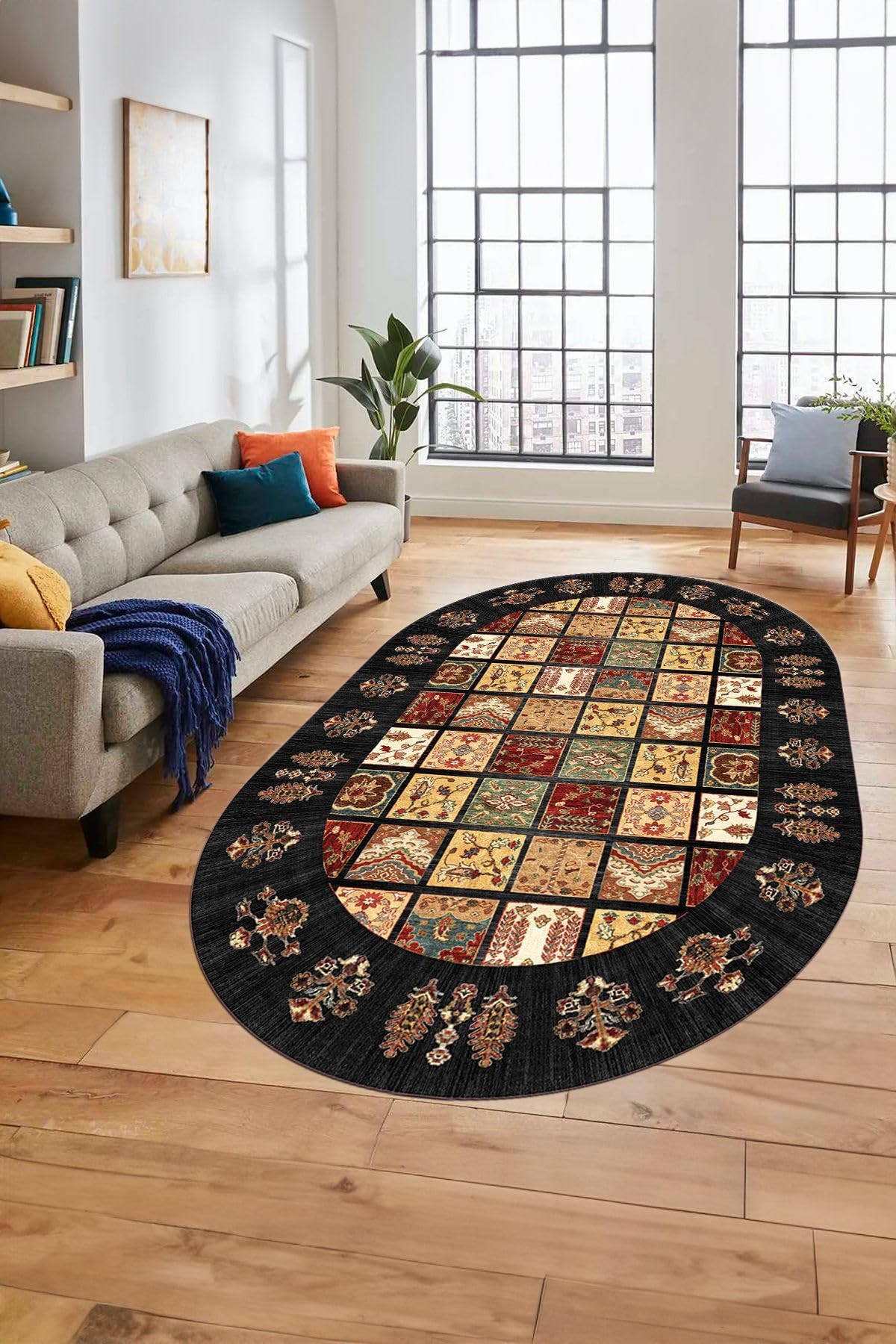 Evdeya Yeni Etnik Desen Kaymaz Taban Yıkanabilir Oval Yolluk Mutfak Salon Koridor Halısı O-ETNİK-18, Antrasit, 160 x 250