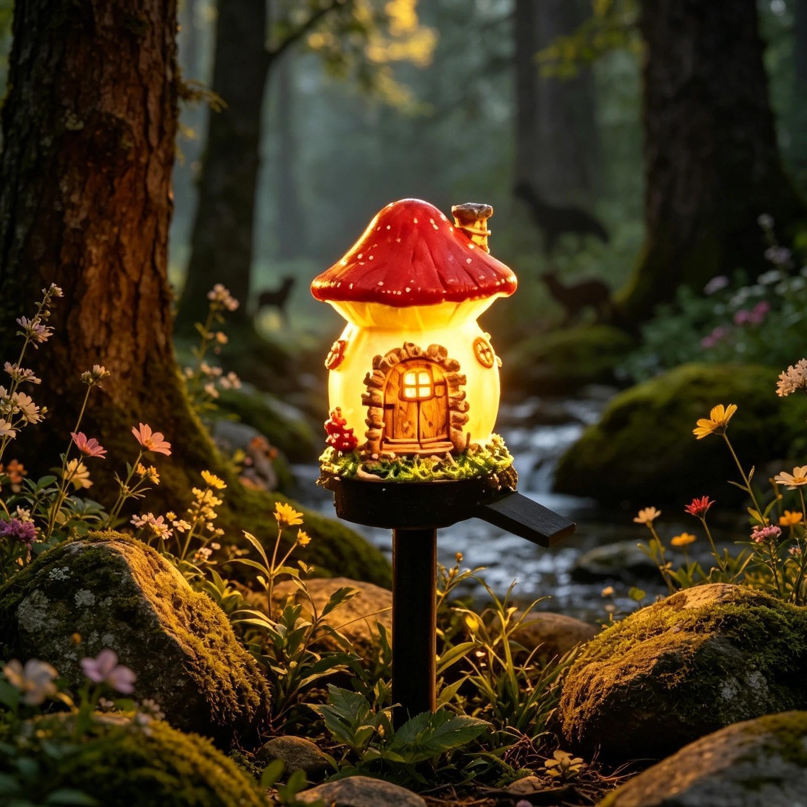 Introti Red Solar Mushroom Cottage Garden Light, Waterproof Led Fairy House Outdoor Lamp, Auto On/Off Resin Pathway Light For Patio Lawn Flower Bed Yard Decor