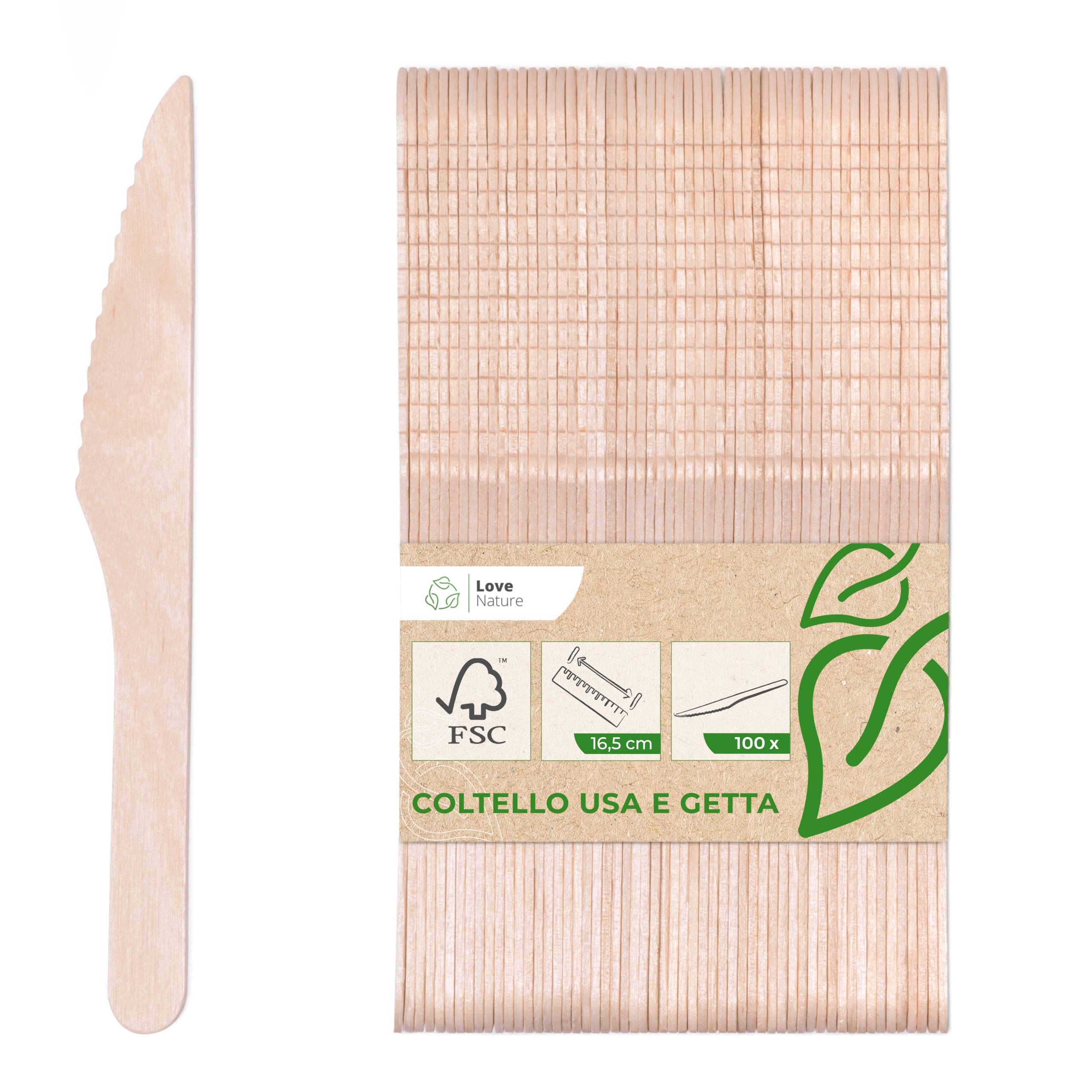 Love Nature Posate Usa e Getta - 100 Pezzi Coltello Legno - Coltelli Usa e Getta Ecologiche e Biodegradabili - Posate Monuso per Feste, Compleanni, Campeggio e Picnic