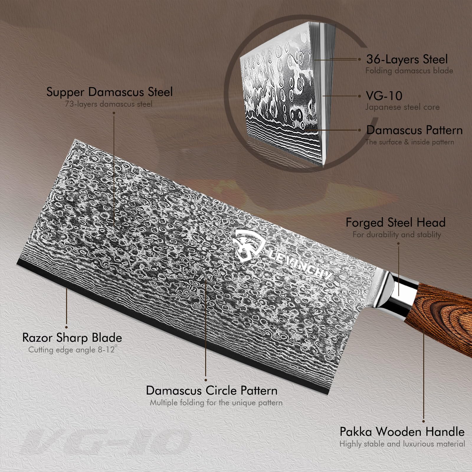 Damascus Cleaver Knife - 8 Inch, Pakkawood Handle -5