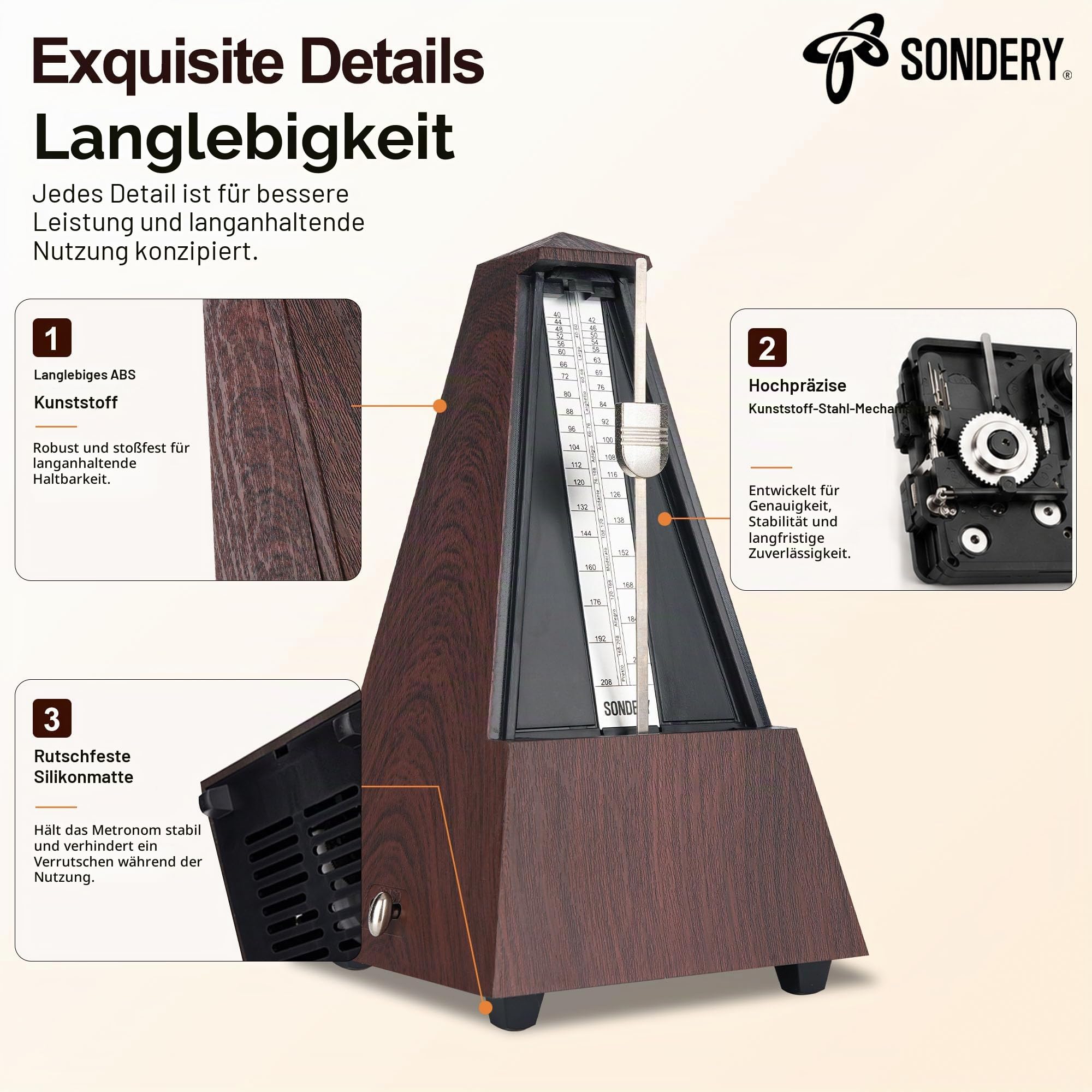 Sondery Klassisches mechanisches Metronom mit Glocke für Klavier, Gitarre, Trommel, Violine, Saxophon, alle Instrumente, Tempo Bereich 40–208 bpm, Beats 02346, schwarzes ABS-Gehäuse mit Holzmaserung
