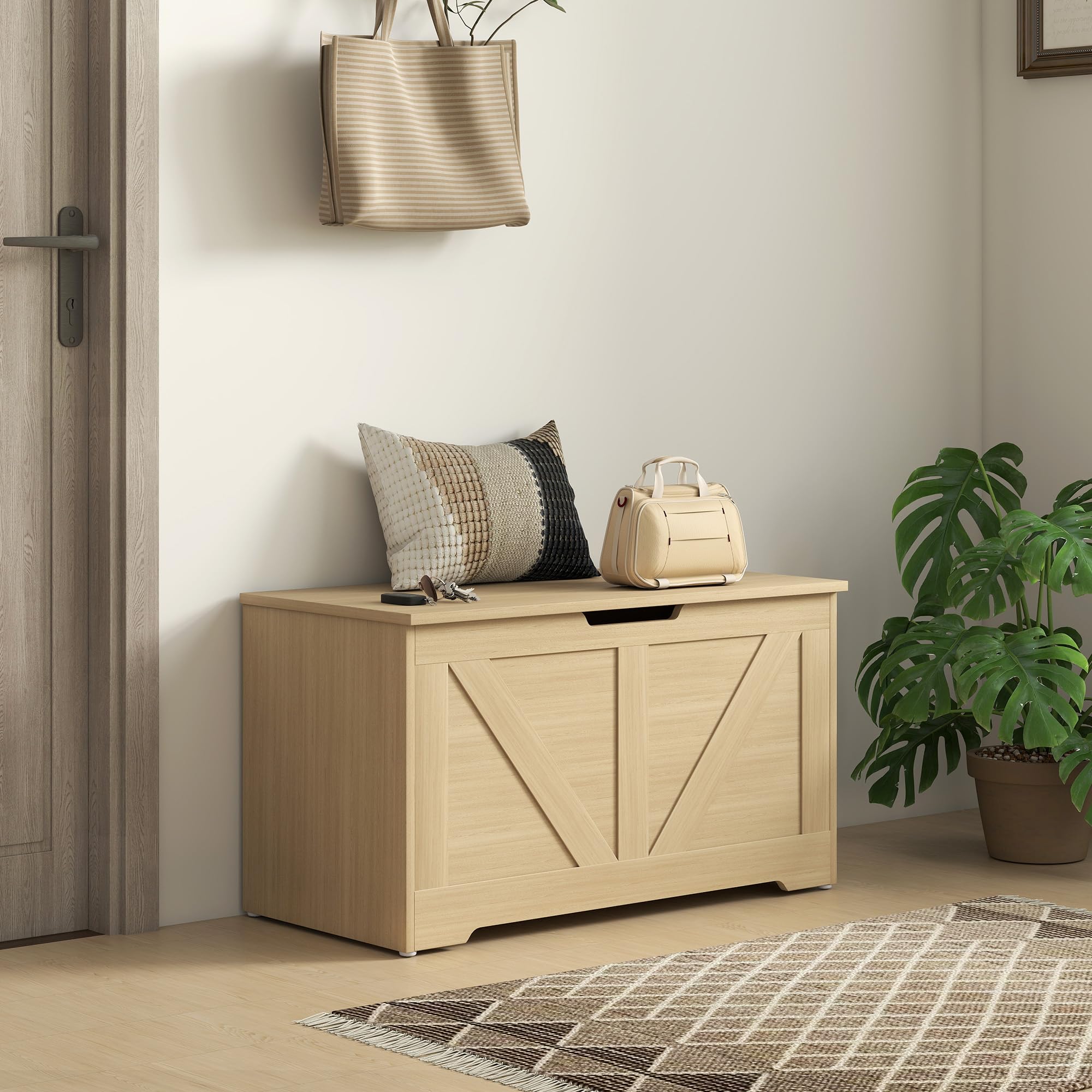 HOMCOM 100L Baúl con bisagra de Seguridad 80x40x45 cm Madera Natural | Baúl zapatero, tirador en U, caja para mantas, recibidor dormitorio sala de estar entrada