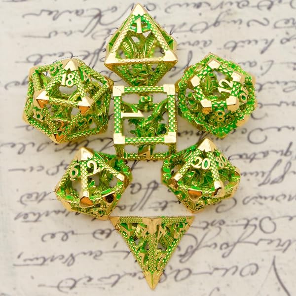 DND Würfel Set,Metall Würfel Polyhedral Dice,Dungeons and Dragons Gift, D&D Würfel Set für Rollenspiele, MTG,PRG, 7-teilig, mit Pathfinder Shadowrun Yahtzee (Grün mit Goldener Verzierung) - 3