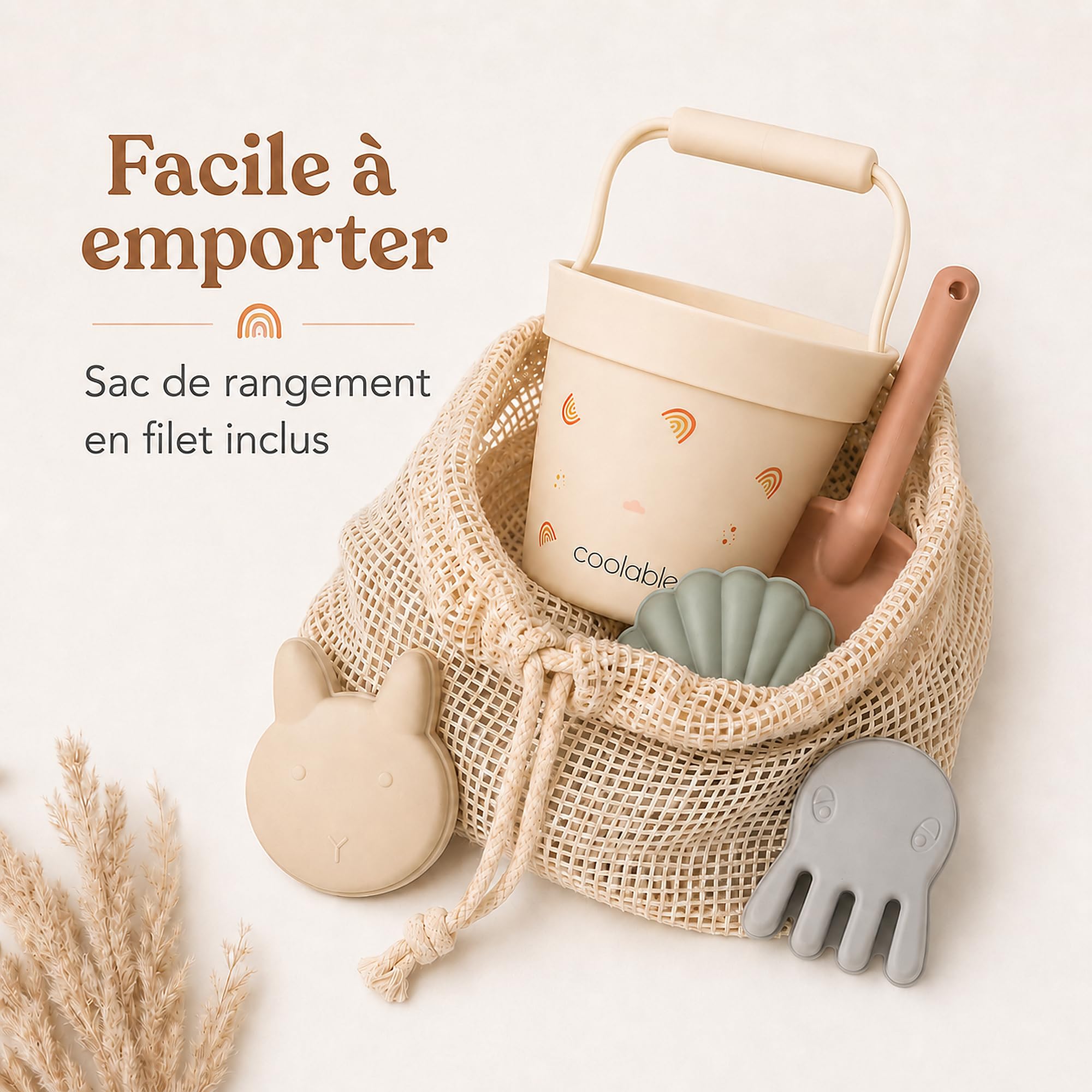 Lot de 6 Jouets de Plage en Silicone pour Enfants - Seau Pliable, Pelle, 4 Moules à Sable et Sac Filet - Arc-en-Ciel