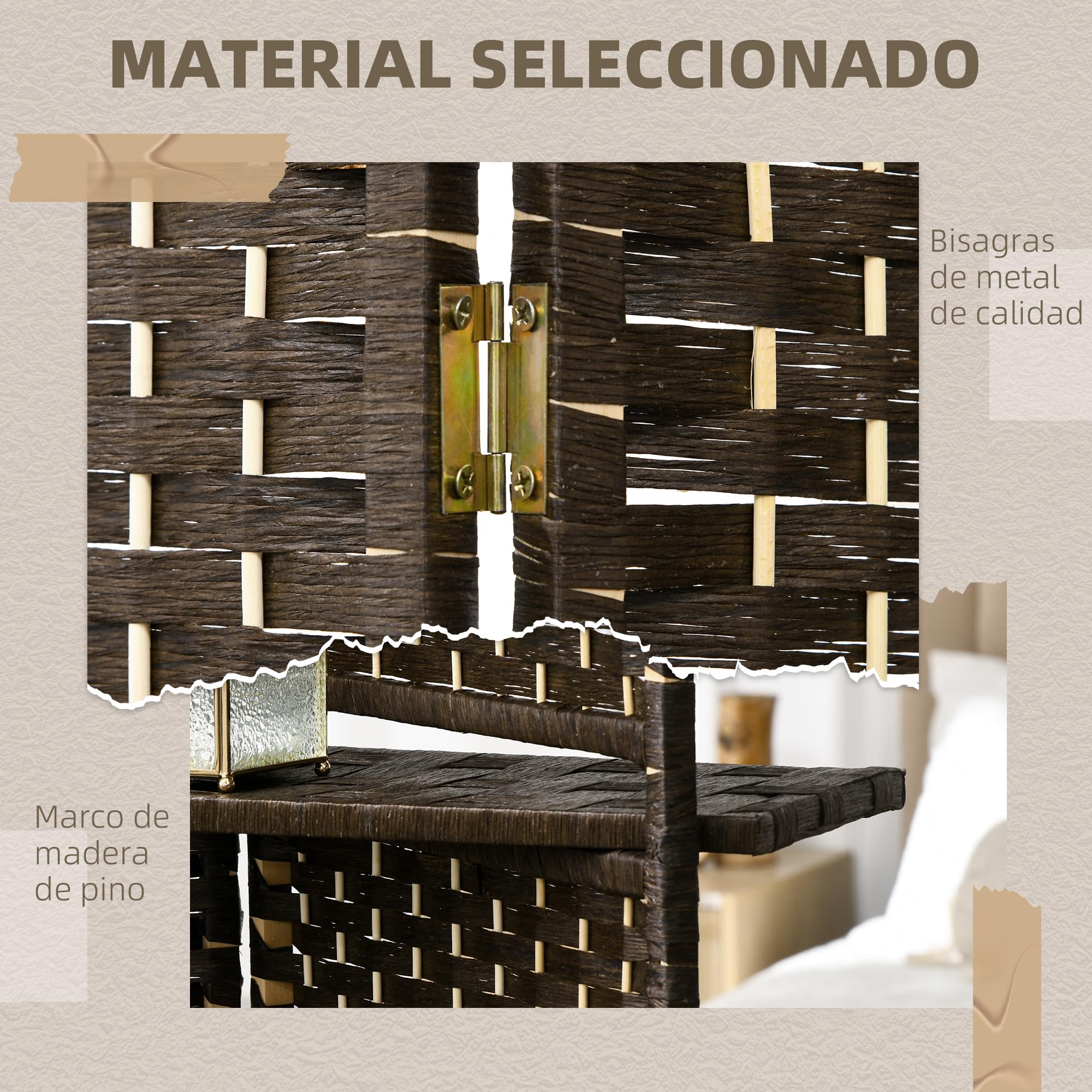 HOMCOM Biombo Separador de Ambientes de 4 Paneles 160x170 cm con 2 Estantes de Exhibición Pantalla de Privacidad Plegable Divisor para Oficina Dormitorio Marrón