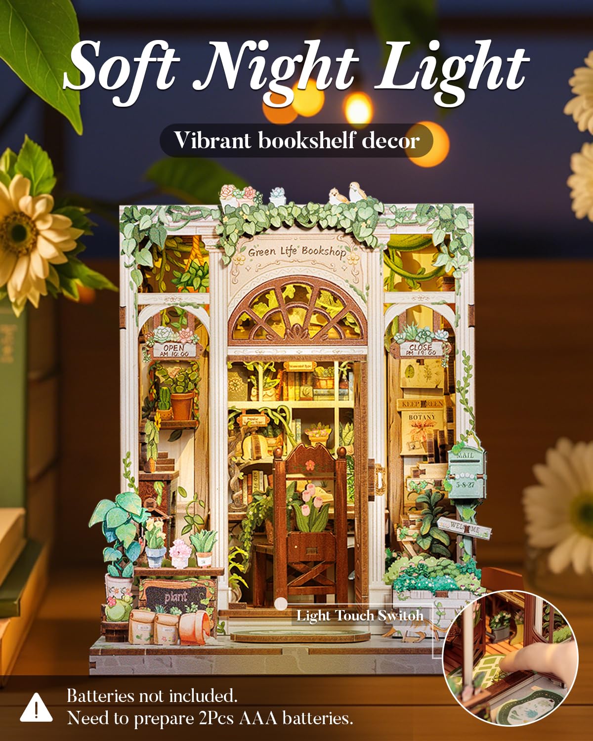 Cutefun Book Nook Kit - Kit Casa delle Bambole in Miniatura diy, Puzzle 3D in Legno per Scaffali con Luci LED Decorativo per Adolescenti e Adulti (Green Life Bookshop)