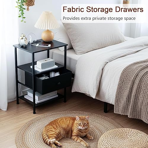 Miniatura 6 de Juego de 2 Mesitas de Noche, Mesita de Noche LED con Estación de Carga, Mesas Auxiliares para Sala de Estar con Cajón de Tela, Mesitas de Cama