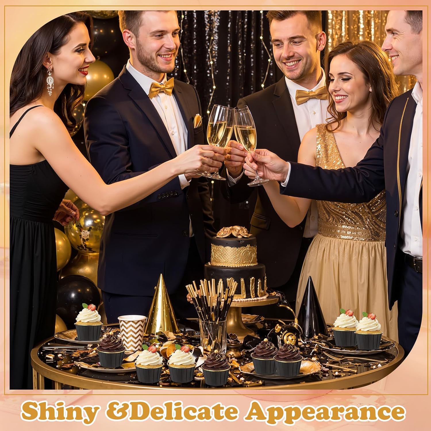 450 Pack Black Gold Graduation Cupcake Liners Bulk Disposable Foil Muffin Cups 3.5 oz Wrappers for Baking Aluminum Paper Mini Metallic Disposable Holiday Party Wedding Festival Supply