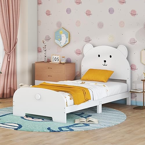 Miniatura 3 de Harper & Bright Designs Base de cama individual para niños, cama de plataforma de madera tamaño individual con cabecera y estribo en forma de oso,