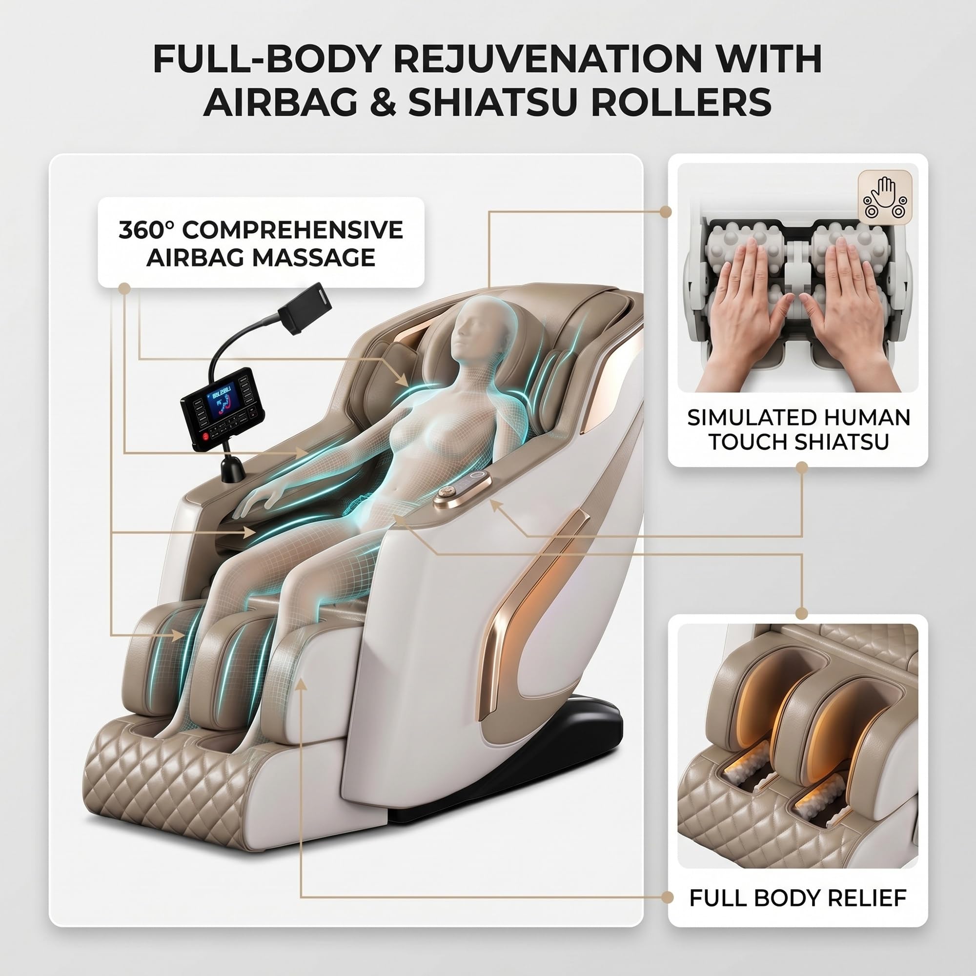 Sillón de Masaje Eléctrico, Carril SL Gravedad Cero con Escaneo Corporal IA, Calefacción, Airbags 360°, Pantalla LCD Táctil, Bluetooth, Sin Montaje(Beige)