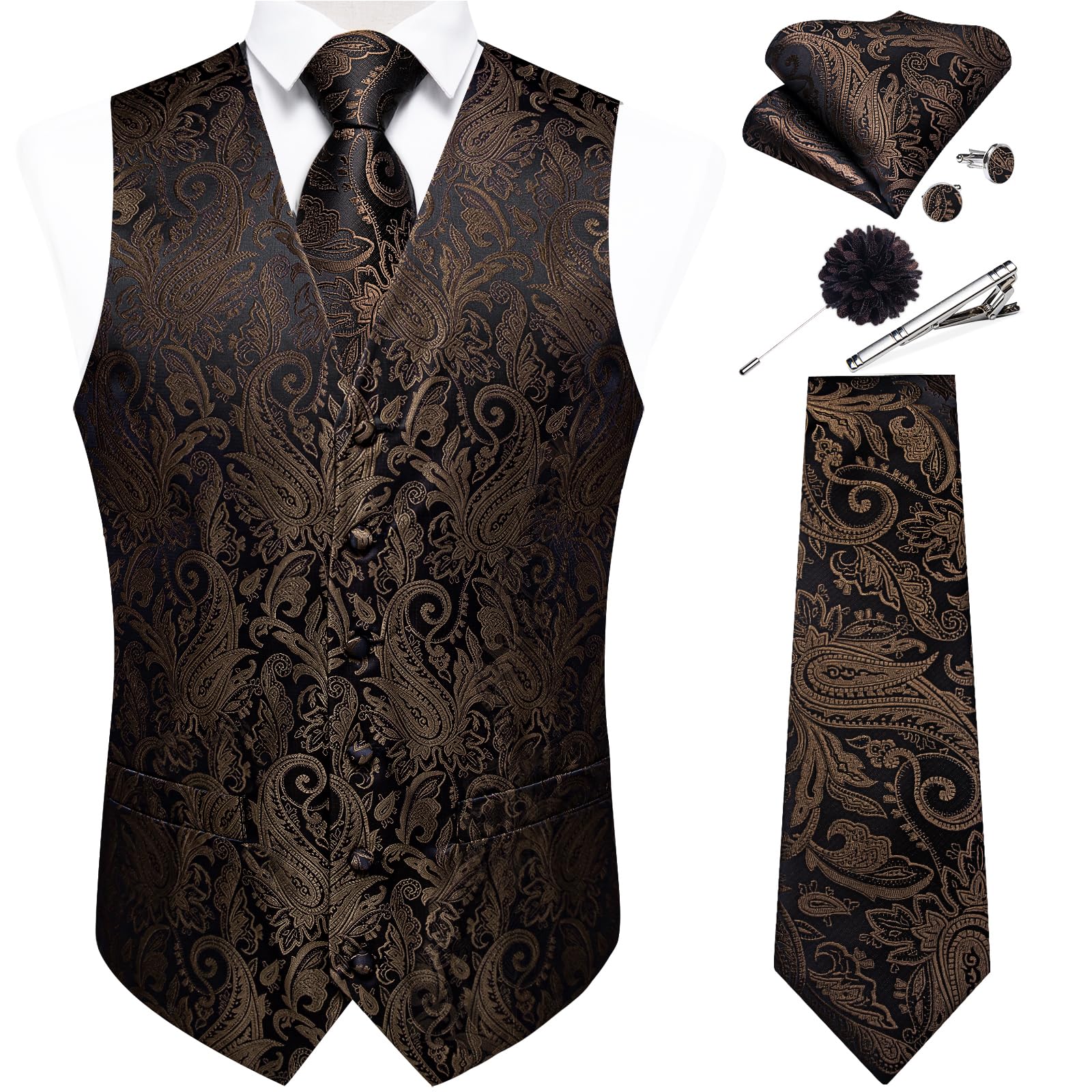 DiBanGu Mens Vest and Tie Set Formal Paisley Waistcoat and Necktie Pocket Square Cufflinks Silk Suit Vest for Tuxedo Wedding