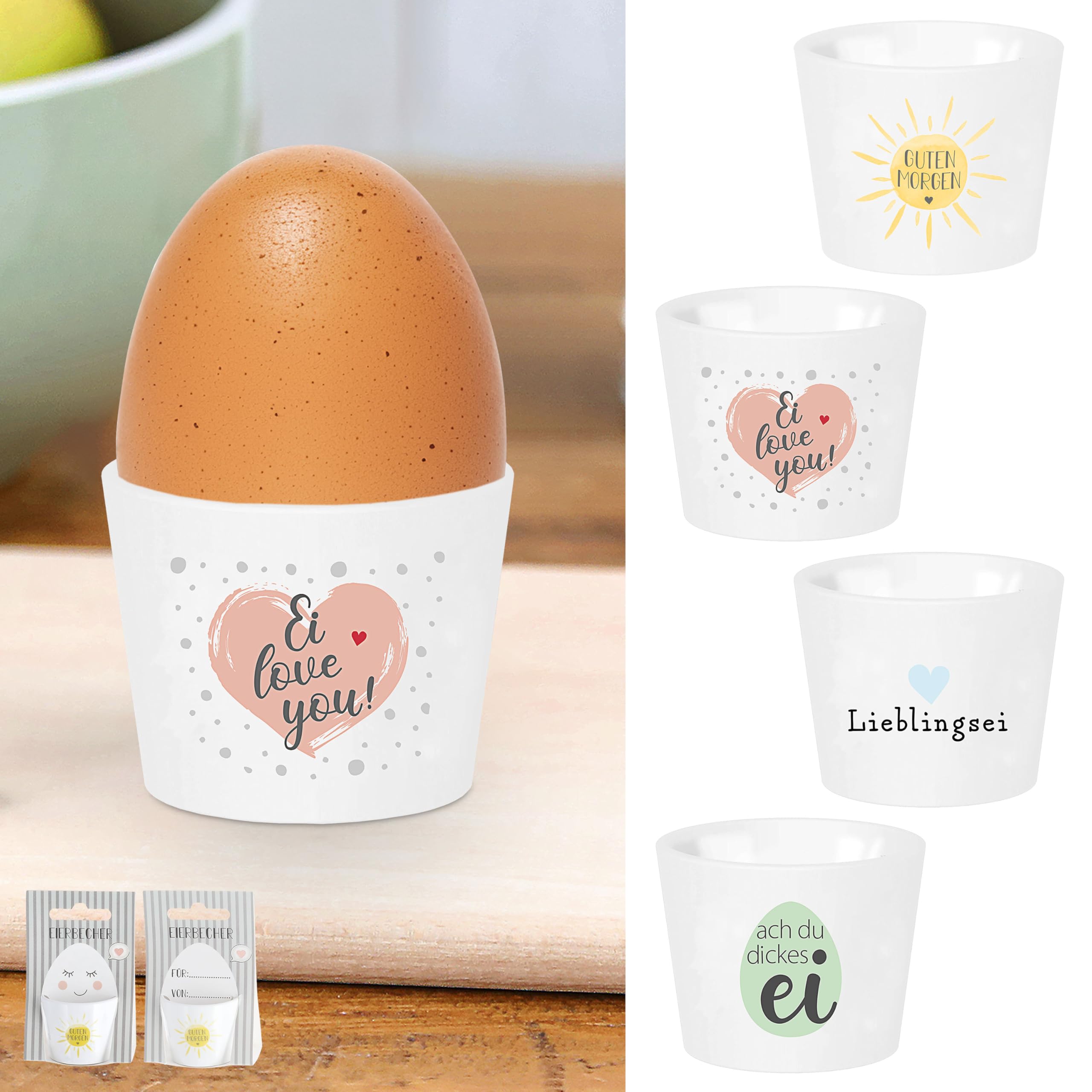 Cepewa Eierbecher 4er Set 4 Motive | Porzellan weiß 5x4cm