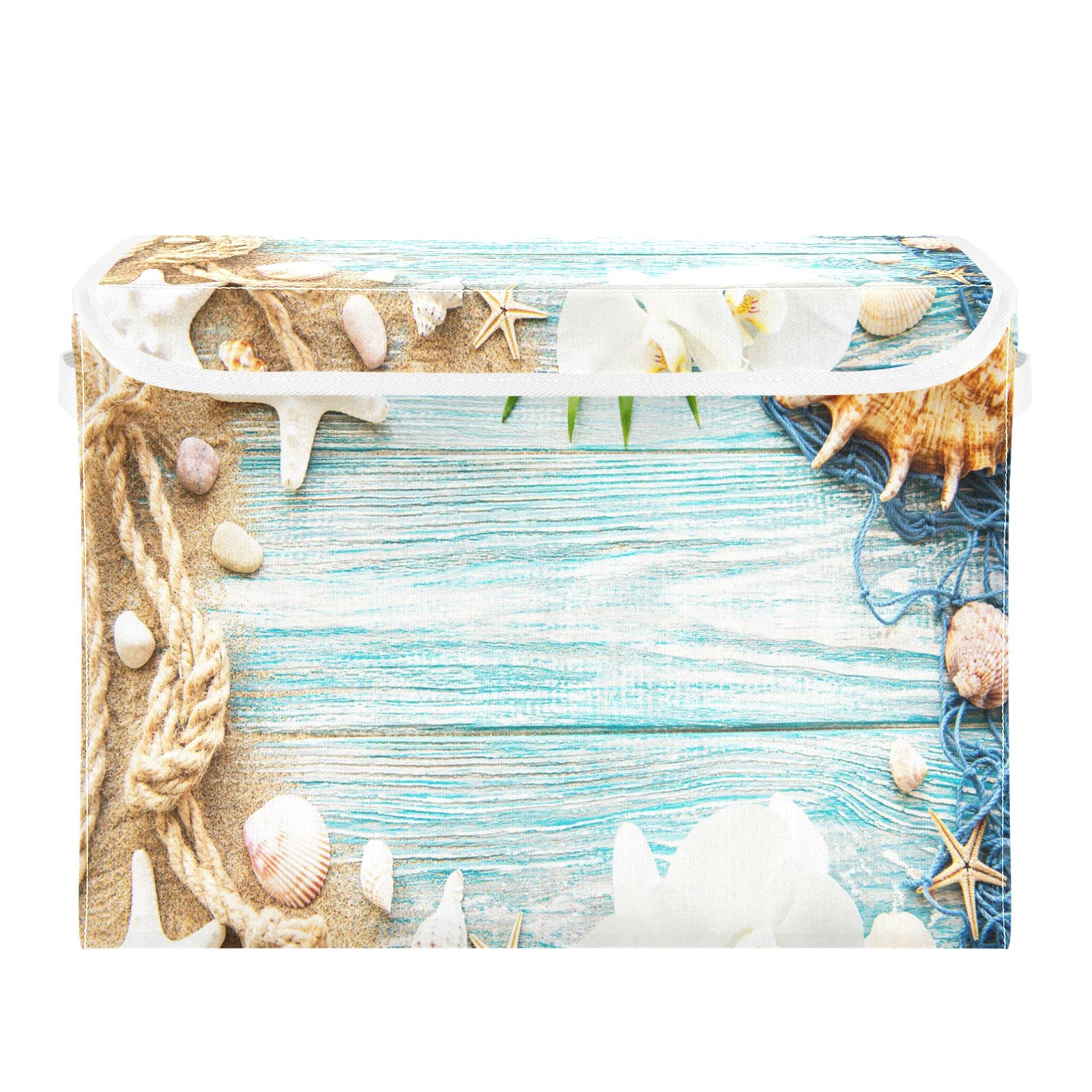 Oyihfvs Beach Seashell Starfishes Foldable Cube Storage Basket Collapsible Fabric with Lidded Sturdy Handles Organizer Box for Home Bedroom 16.5 x 12.6 x 11.8 in