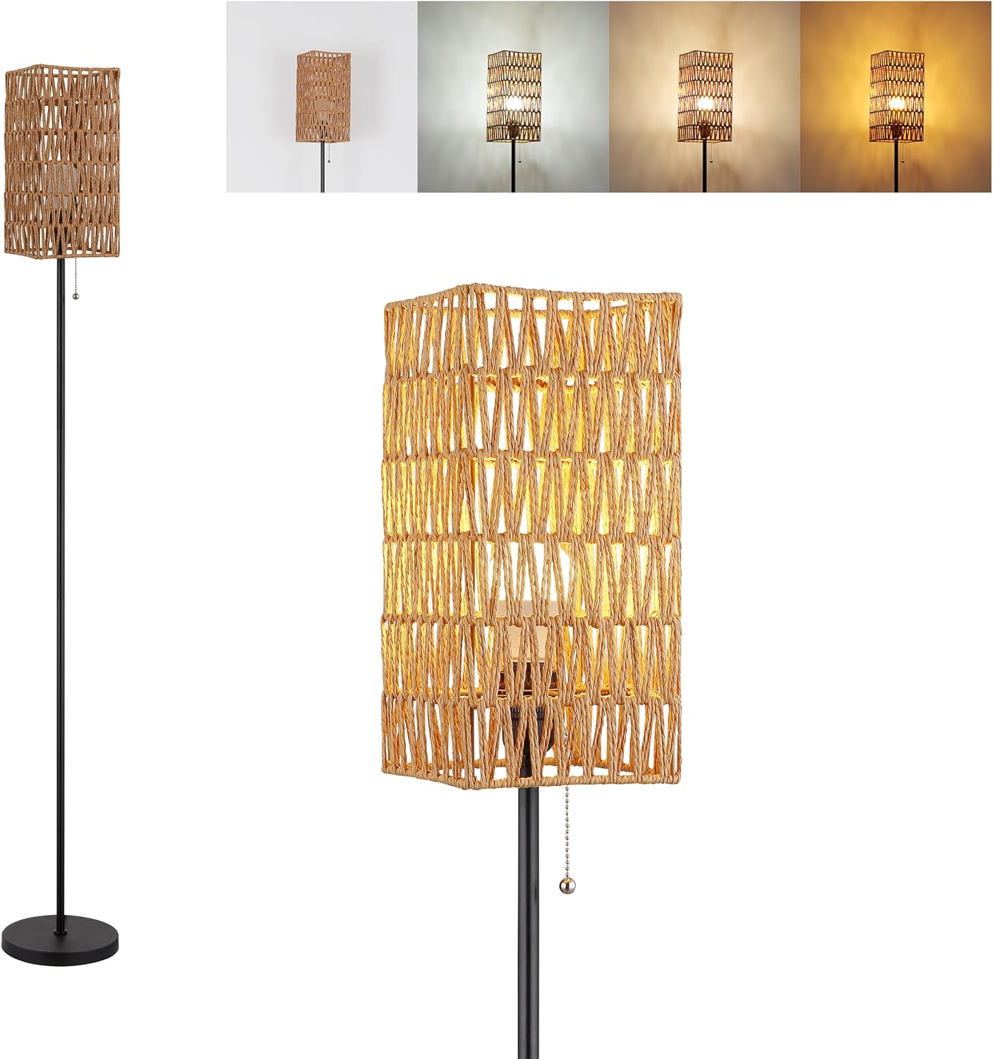 Floor Lamp for Living Room,Farmhouse Square Rattan Floor lamp,Modern Standing lamp with Hand-Worked Rattan Shade,Black Tall Lamp with Chain Switch,LED Bulb Included.
