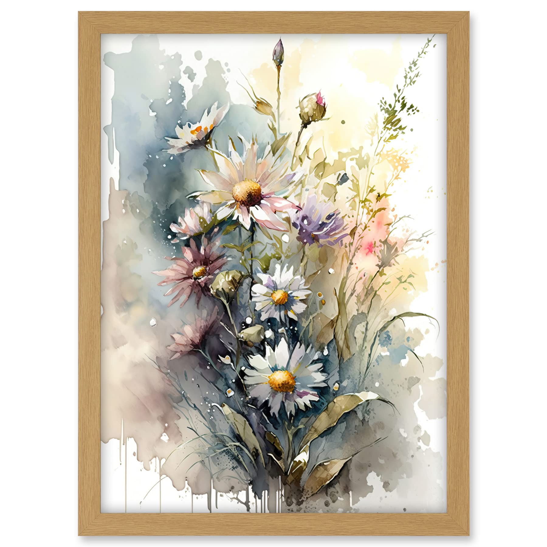 Artery8 Wild Flower Daisies in Bloom Modern Boho Watercolour Painting Artwork Framed A3 Wall Art Print