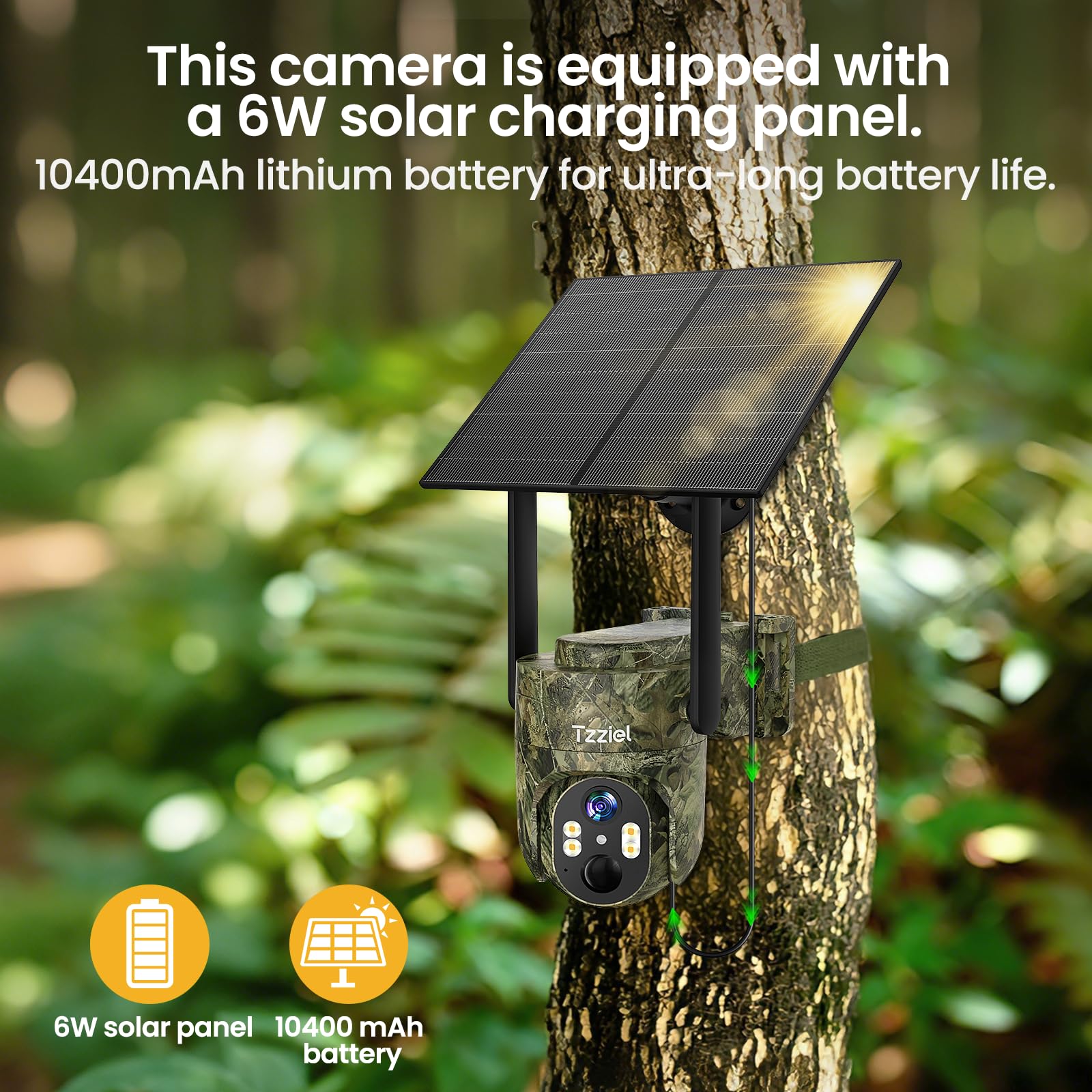 4G Camara Vigilancia Exterior Solar Sin WiFi con Tarjeta SIM, 2K PTZ Inalámbrico, 10400mAh, 6W Panel Solar, Visualización de 360 °, Detección de Movimiento, Audio Bidireccional, IP66