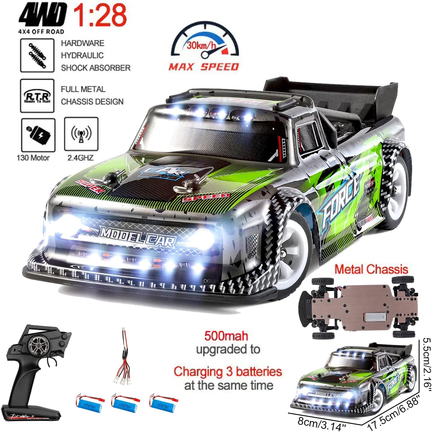 Wltoys 284131 RC Cars 1/28 Mini Drift RC Car with 3pcs Upgraded 500mah Battery 30km/h RC Drift Cars 130 Brushed Motor 2.4GHz Remote Control LED Lamp 4WD Micro RC Drift Car for Adults Gifts