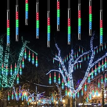 Aluan Christmas Meteor Shower Lights Outdoor, 20 Tubes 16 inch 720 LED Plug in Waterproof Falling Rain Lights for Xmas Halloween Holiday Trees Yard Roof Decoration, Multicolor