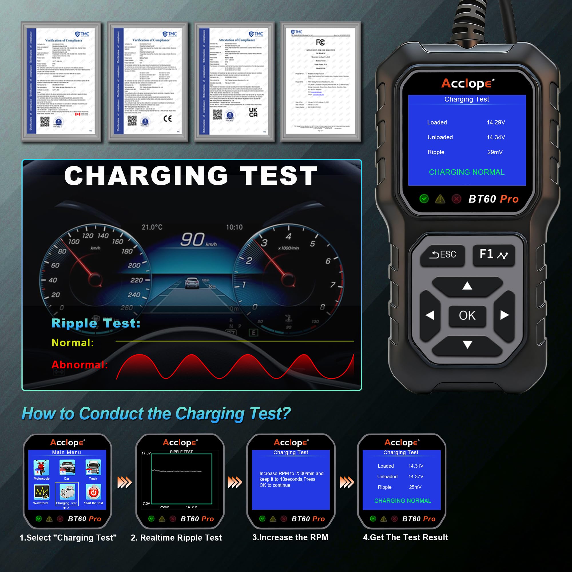 BT60 Pro, Comprobador Digital de Baterías, Analizador de Sistema de Carga y Arranque, 6V/12V/24V, Compatible con AGM, Litio, Gel, 100-3000 CCA, para Vehículos, Camiones, Motocicletas