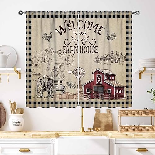 Miniatura 31 de Cortinas de cocina de granja, animales de granja rústica, gallo, pollo, leche, vaca, cerdo, molino de viento, granero rojo, retro, casa rural,