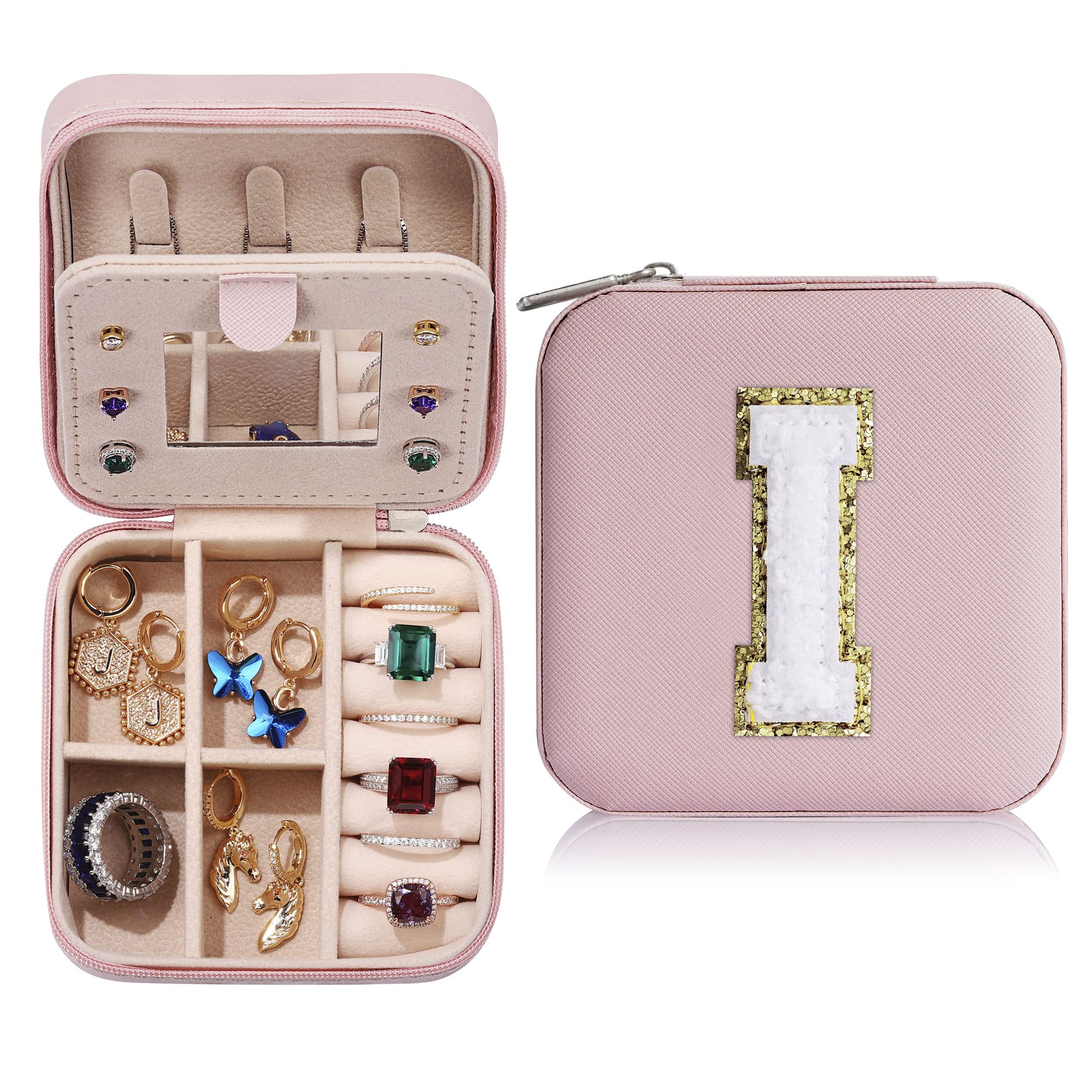 Yqljew Travel Jewelry Organizer for Women, Necklace Earrings Ring Gifts Women Essentials Initial I, Pink
