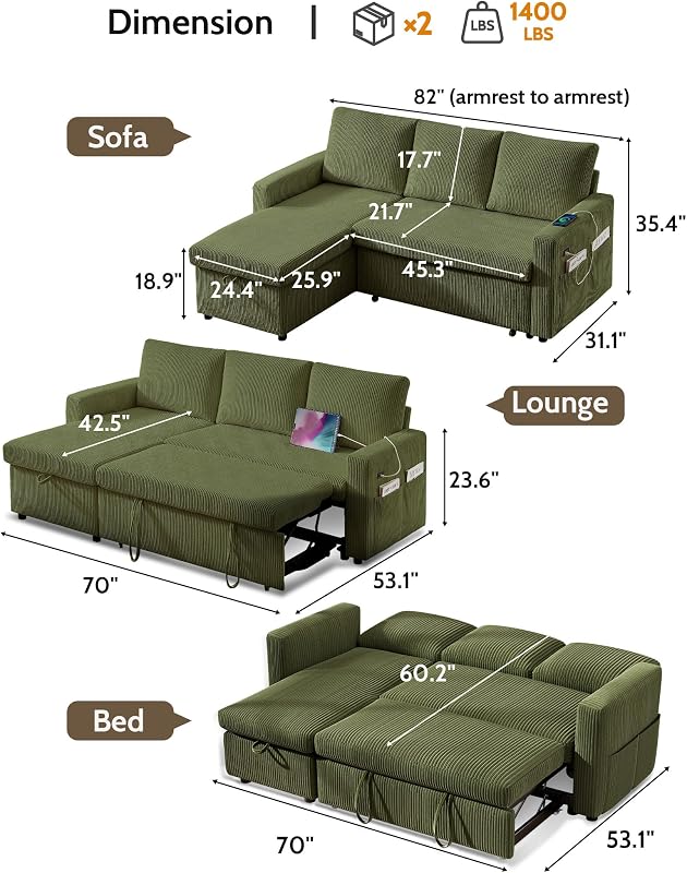 WEUP 82" L Shaped Sectional Sleeper Sofa Bed with Pull Out Bed, Sectional Sleeper Couch Pull Out Couch with Reclining Backrest/Reversible Storage Chaise/USB Ports/Tool-Free Assembly, Corduroy Green image 3