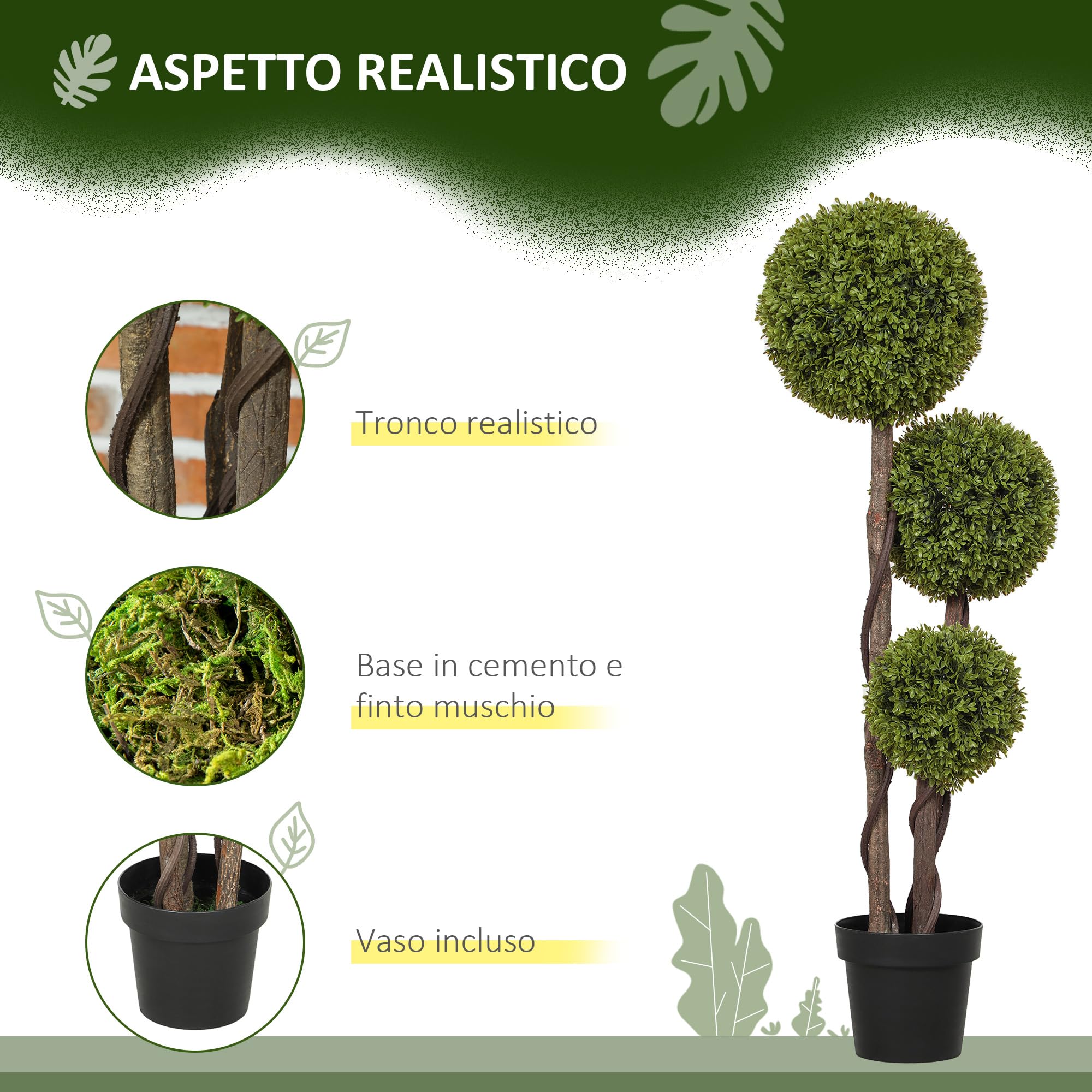 HOMCOM Pianta di Bosso Artificiale a 3 Sfere, Pianta Finta con Vaso Incluso e Fondo Rinforzato, Altezza 115 cm