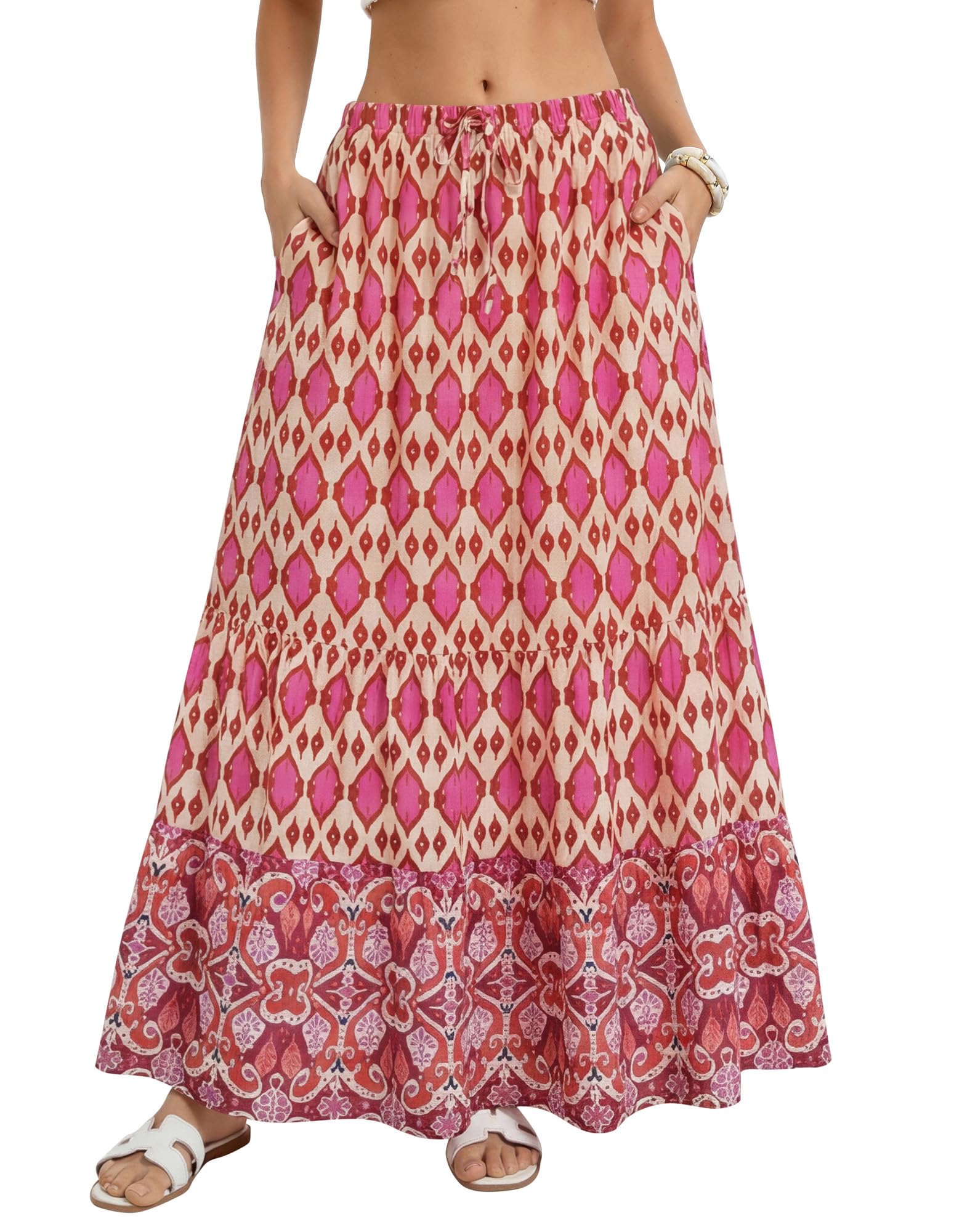 Kate Kasin Women Summer Boho Maxi Skirt Floral Flowy Long Skirts Trendy Beach Vacation Outfit with Pockets 2026