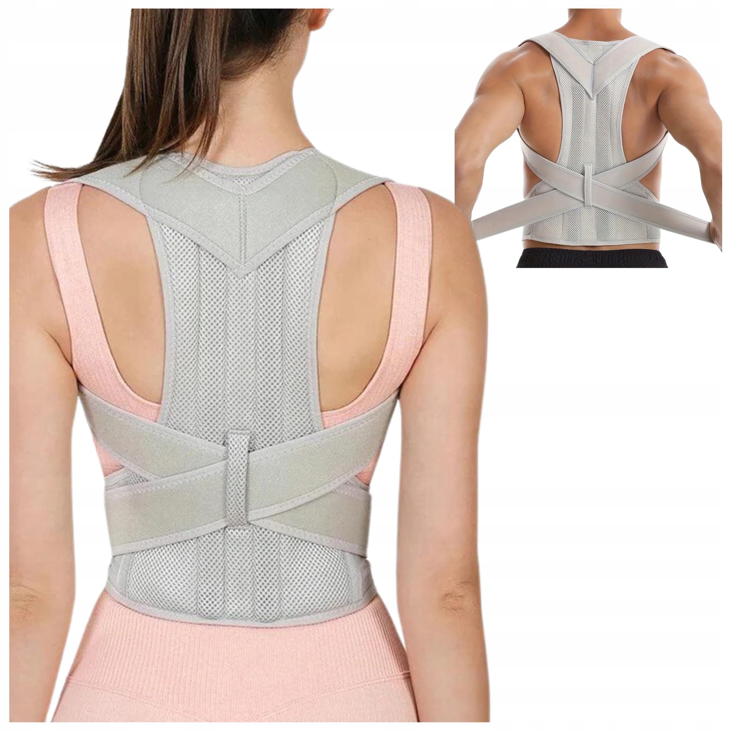 Korektor Postawy Ortopedyczny, Szary, Neopren i Nylon, XXL 90-108cm, ze Stelażem Aluminiowym, Prostotrzymacz dla Kręgosłupa
