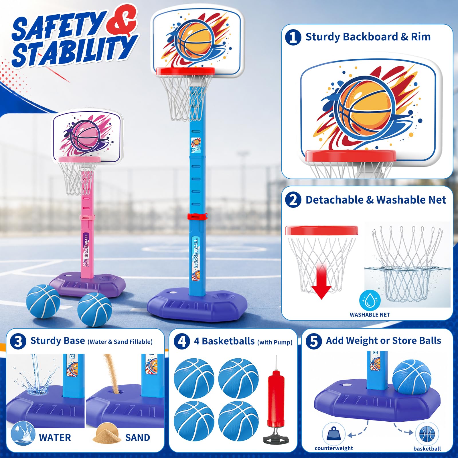 YESHIN Canestro da basket per bambini, per interni ed esterni, portatile, con pannello divertente, regolabile in altezza 77-140 cm, base stabile, 4 palle da basket e pompa, giocattolo per ragazzi e