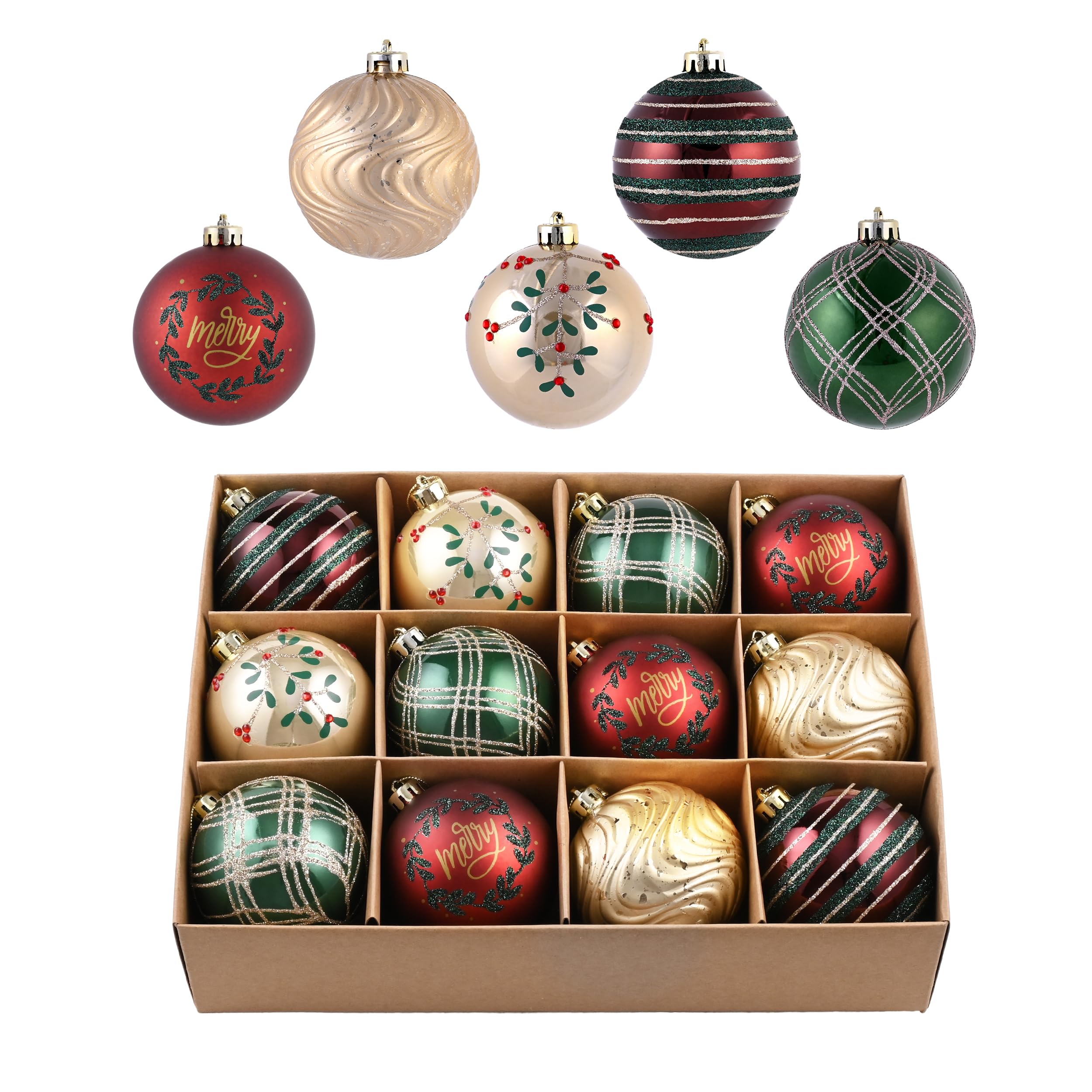 Valery Madelyn Boule de Noel pour Decoration Noel,12pcs 8cm Boules de Noel Rouge Verte Or Vintage pour Deco Sapin de Noel,Personnalisée,Incassable,Cadeau Noel