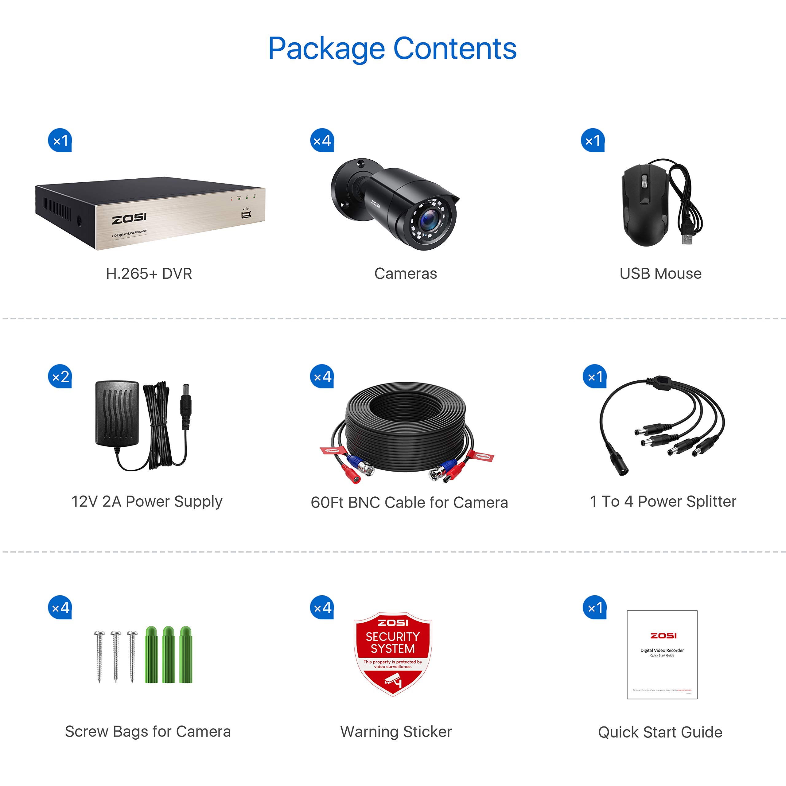 ZOSI 5MP Lite Kit de Cámara de Vigilancia 4pcs 1080p Cámara de Seguridad Exterior con 8CH H.265+ Grabador DVR, Visión Nocturna, Alarma de Movimiento, sin Disco Duro