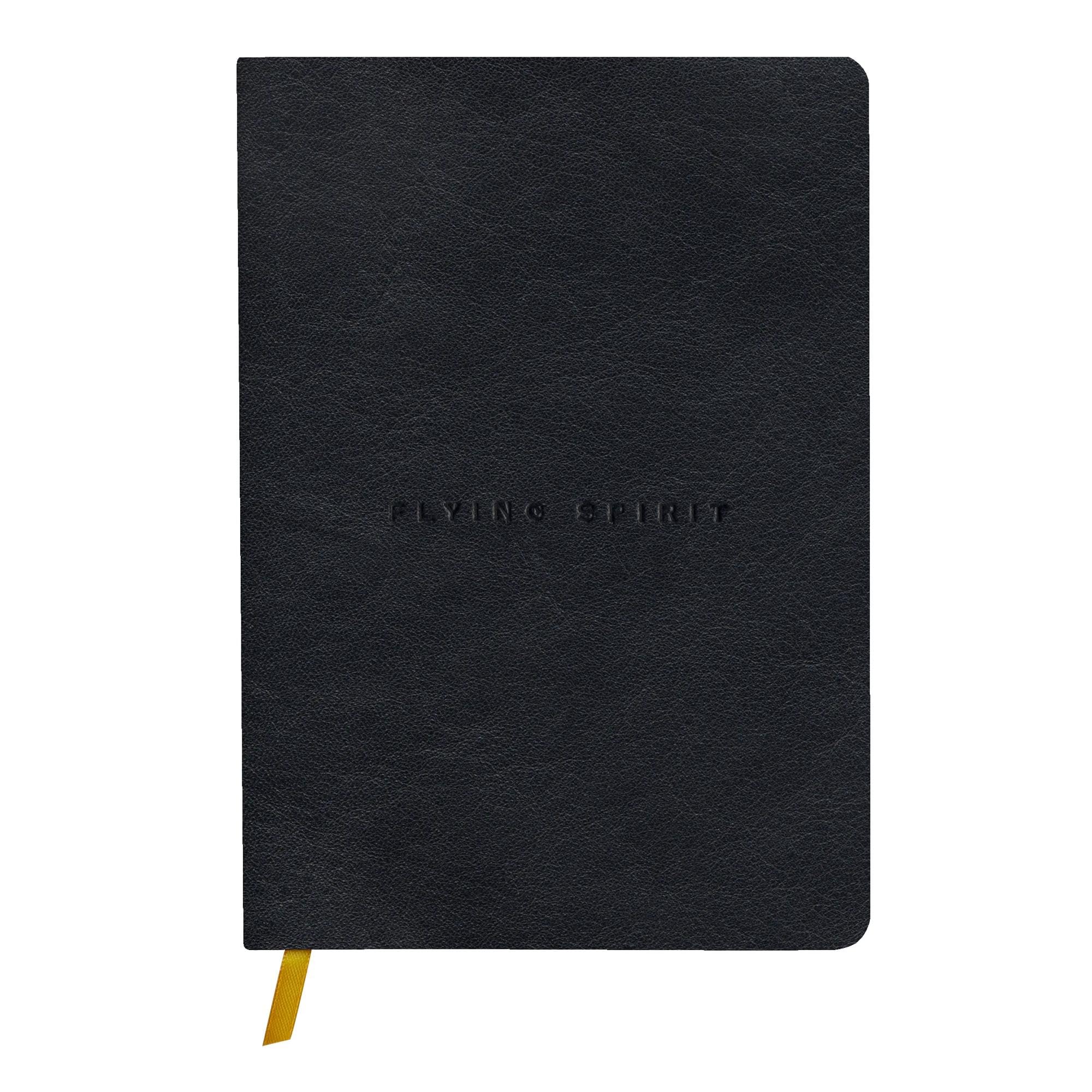 Clairefontaine 102946C - A Flying Spirit thread-stitched paperback notebook 180 ivory pages 14.8 x 21 cm 90 g lined, smooth lambskin leather cover, Black