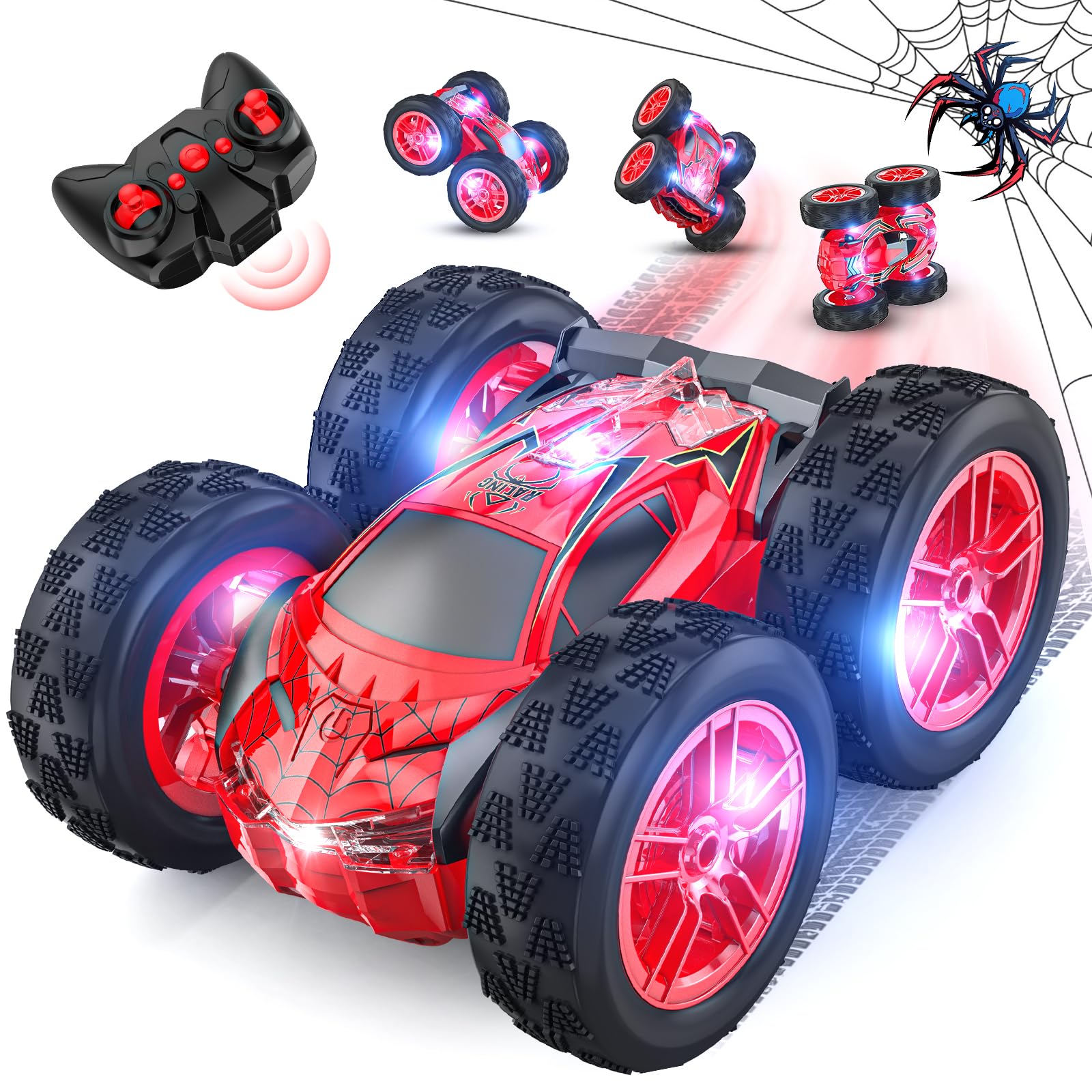 Voiture Télécommandée Spider Jouet, 2.4GHz Voiture Radiocommandée avec LED, Stunt Remote Control Car Jeux Extérieur, 360° Rotation RC Crawlers, Noël Anniversaire Cadeau Garçon Fille Enfant 3+ Ans