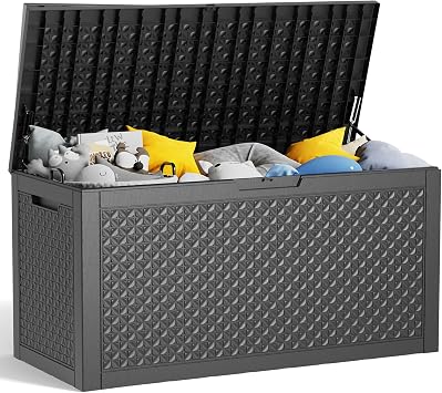 100 Gallon Waterproof Outdoor Storage Box,Resin Deck Box,Lockable Outside Storage Box Container for Patio Furniure,Garden,Pool Tools 100 Gallon,Black pattern